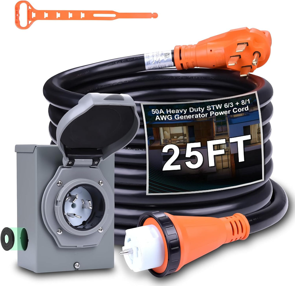 50A Generator Cord and Power Inlet Box,25FT Generator Extension Cord NEMA 14-50P/SS2-50R STW 6/3+8/1 AWG with Twist Lock Connector,Pre-Drilled Inlet Box for Generator to House,125/250V ETL Listed