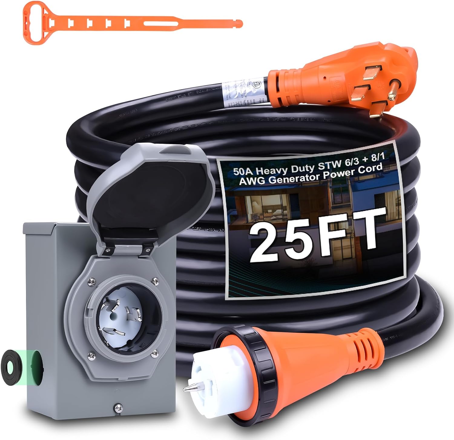 50A Generator Cord and Power Inlet Box,25FT Generator Extension Cord NEMA 14-50P/SS2-50R STW 6/3+8/1 AWG with Twist Lock Connector,Pre-Drilled Inlet Box for Generator to House,125/250V ETL Listed