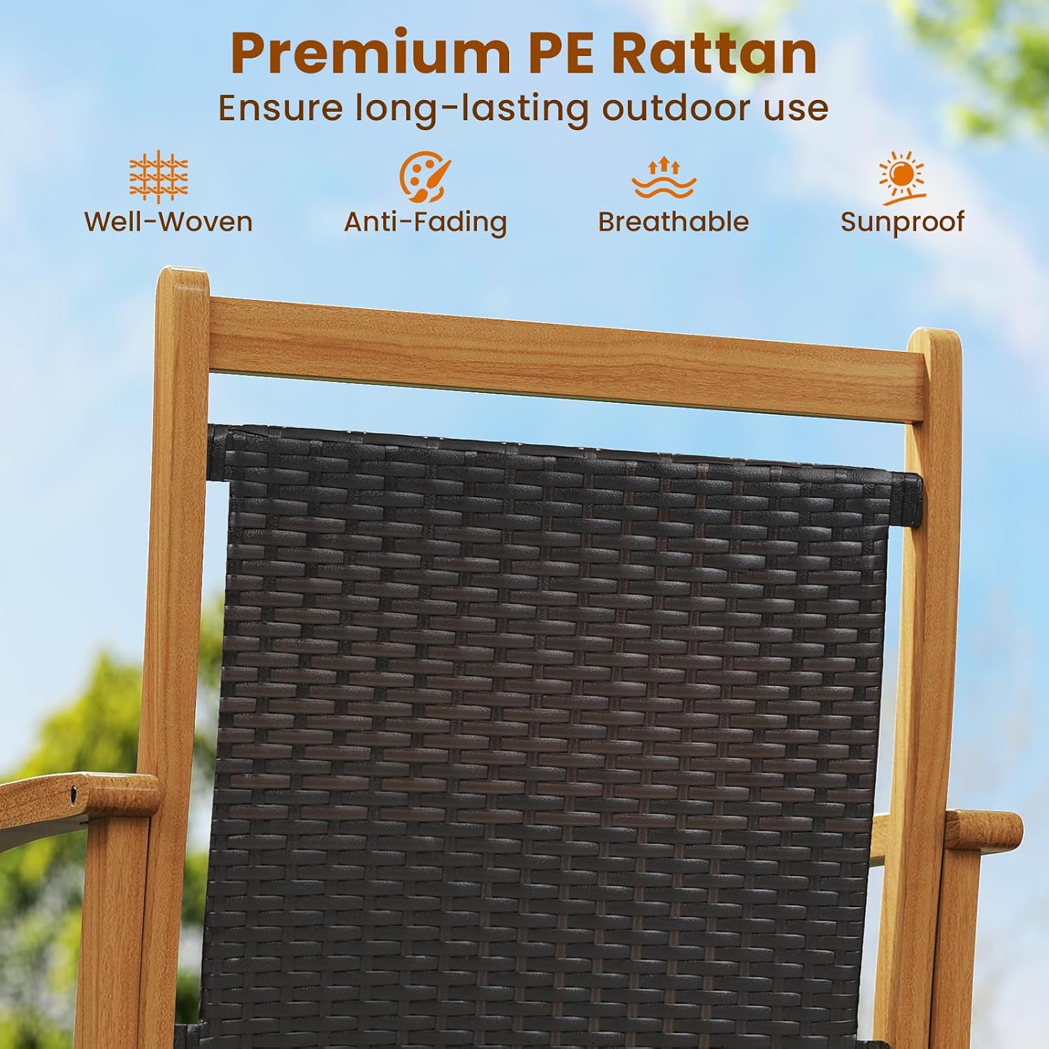 Tangkula Patio Rattan Glider Chair, Swing Gliding Rocker w/Acacia Wood Frame & Wicker Seat Back, Outdoor Rocking Armchair w/Curved Armrests for Porch, Backyard, Poolside (1 Seat-2 Pack)