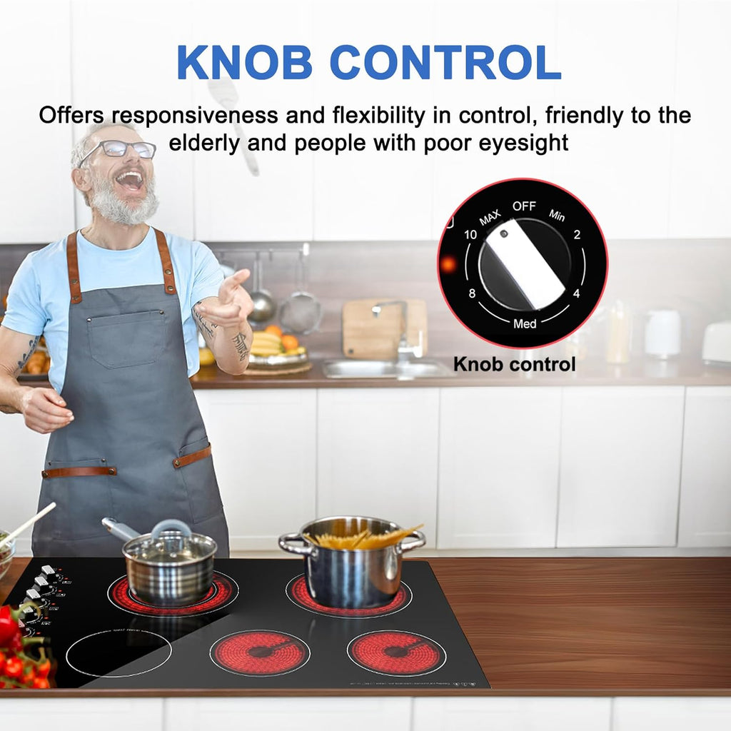 30 Inch Electric Cooktop, 5 Burners Built-in Cooktop, 7300W Knob Control Electric Stove Top with 11 Power Levels, Safety Lock, Dual Ring, Heat Retention Function, Hot Surface Indicator