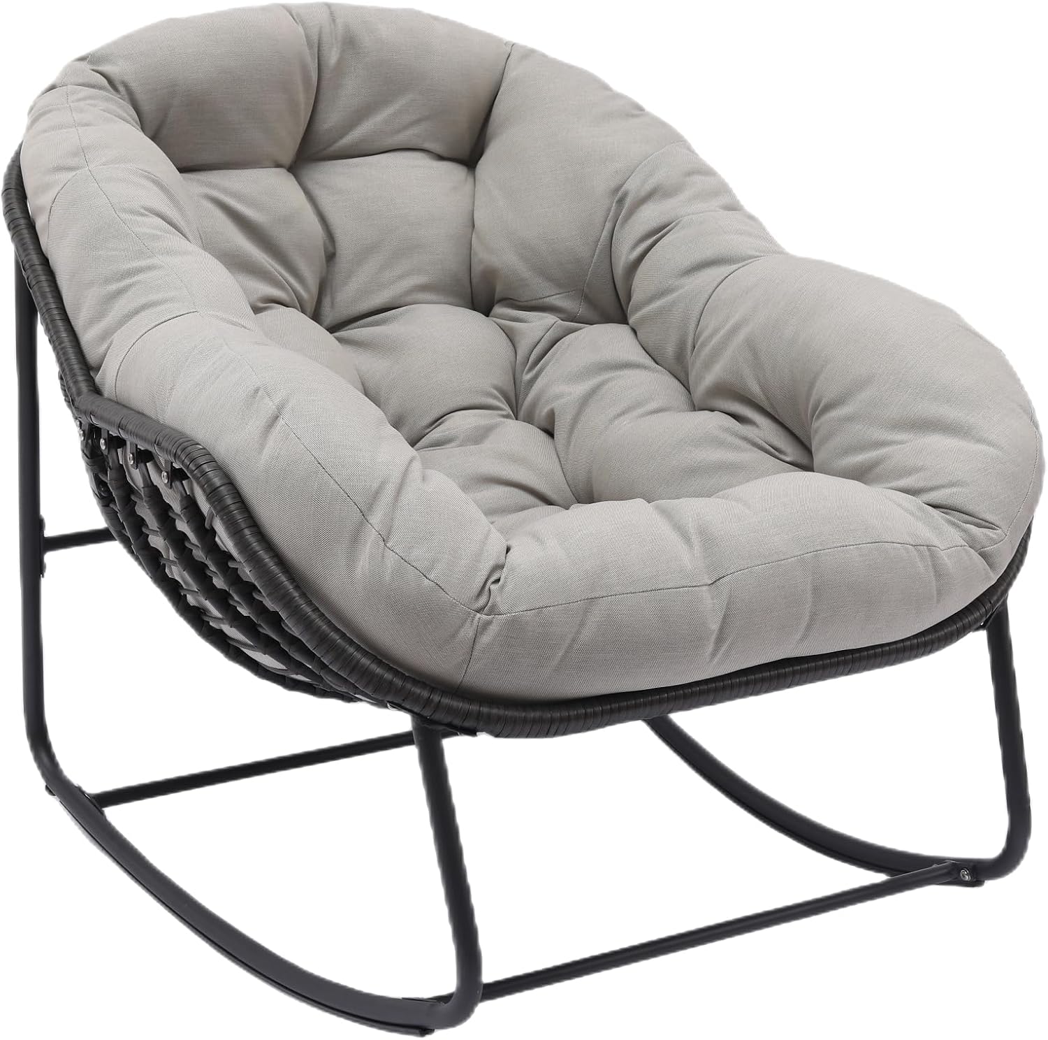Indoor & Outdoor Rocking Chair, Oversized Rattan Royal Rocking Chair with Padded Cushion, Rocker Egg Chair for Living Room, Patio, Front Porch, Backyard, Grey
