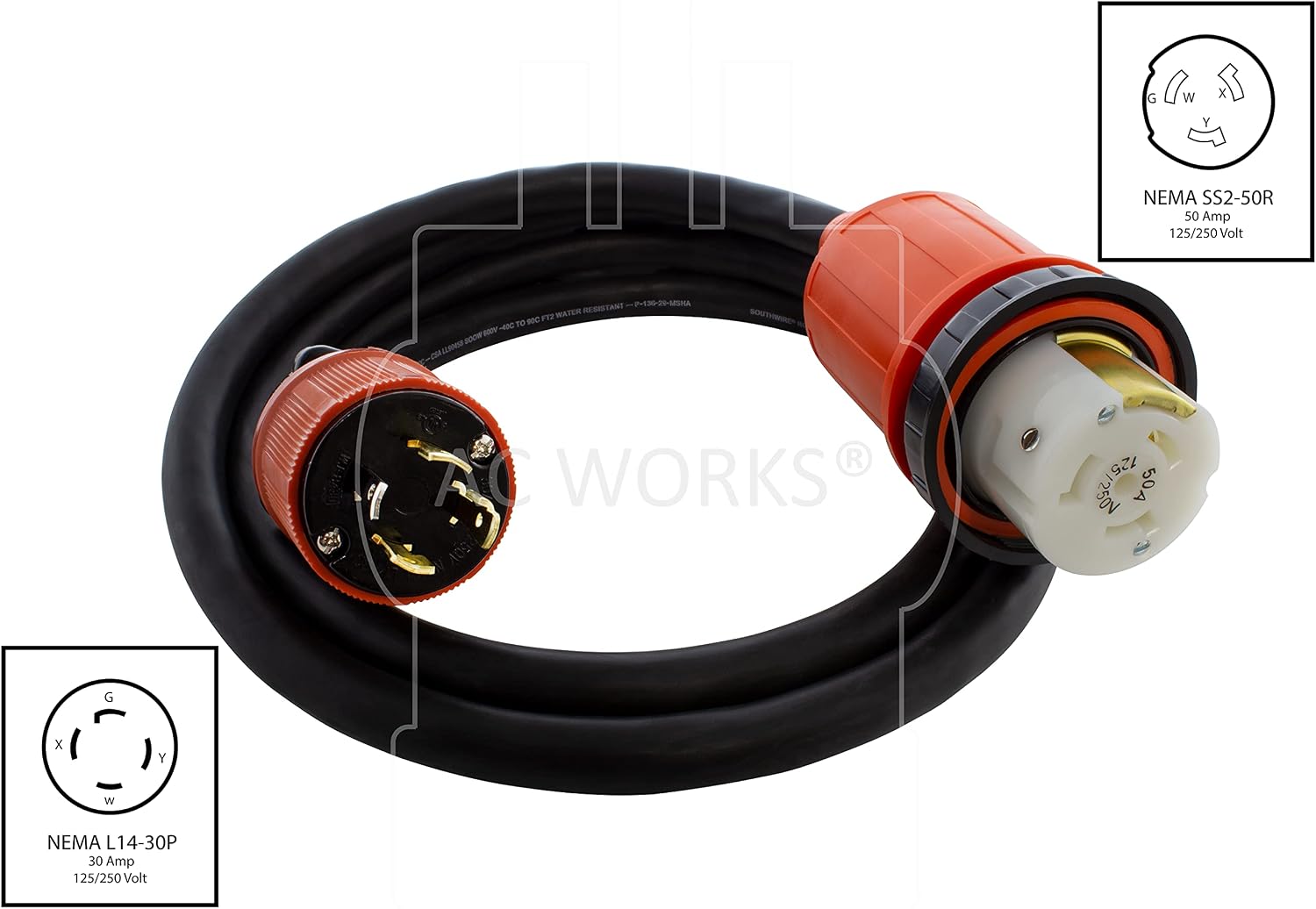 AC WORKS® [L1430M50] Generator L14-30P 30A 4-Prong Plug to 50A RV/Marine Power Inlet Adapter Cord (75FT)