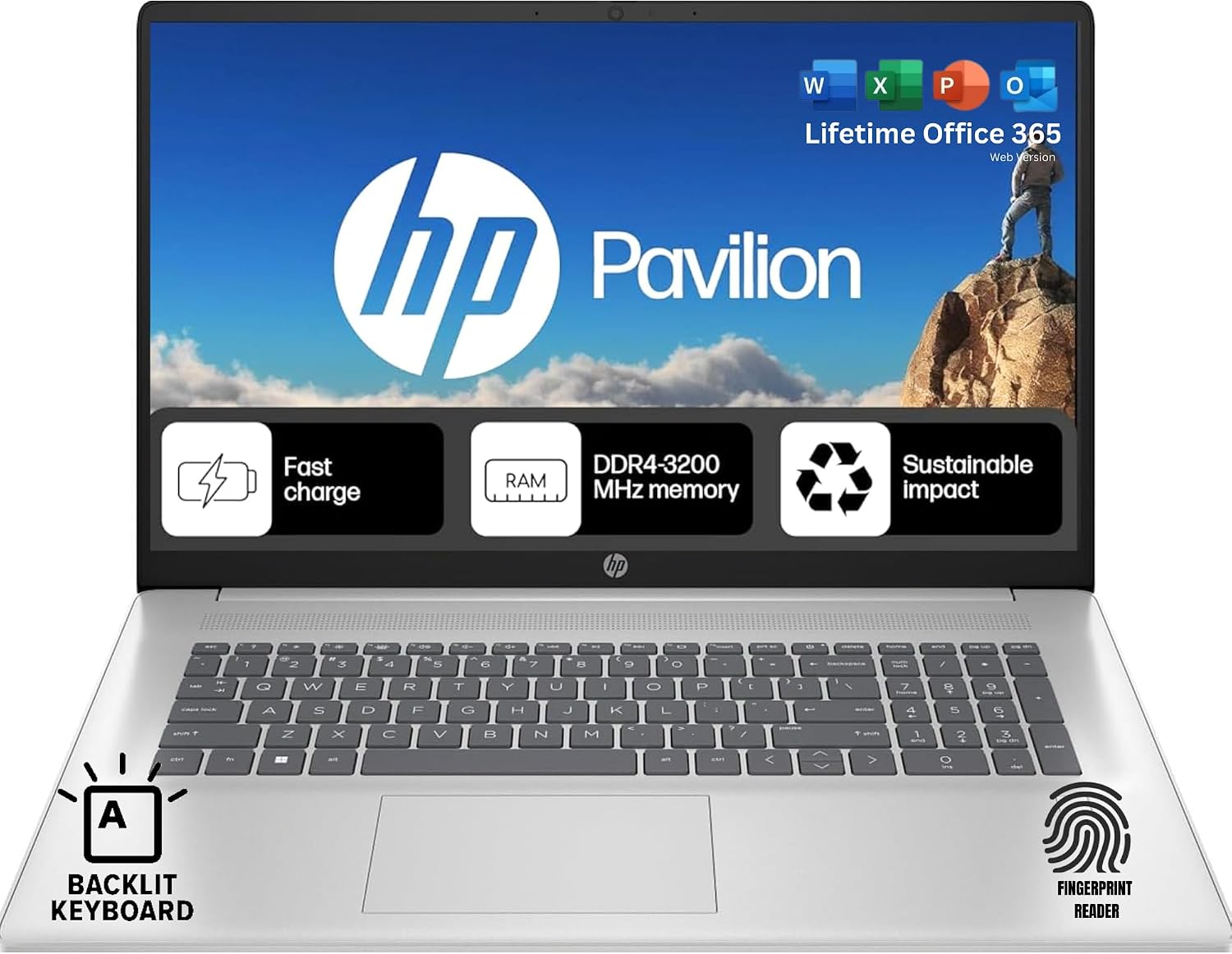 HP 17.3 Backlit Keyboard Laptop with Fingerprint Reader | None Touchscreen | Office 365 for The Web | Intel 10-Core i5, Iris Xe Graphics | 16GB RAM, 256GB SSD Storage | Windows 11 w/o Mouse