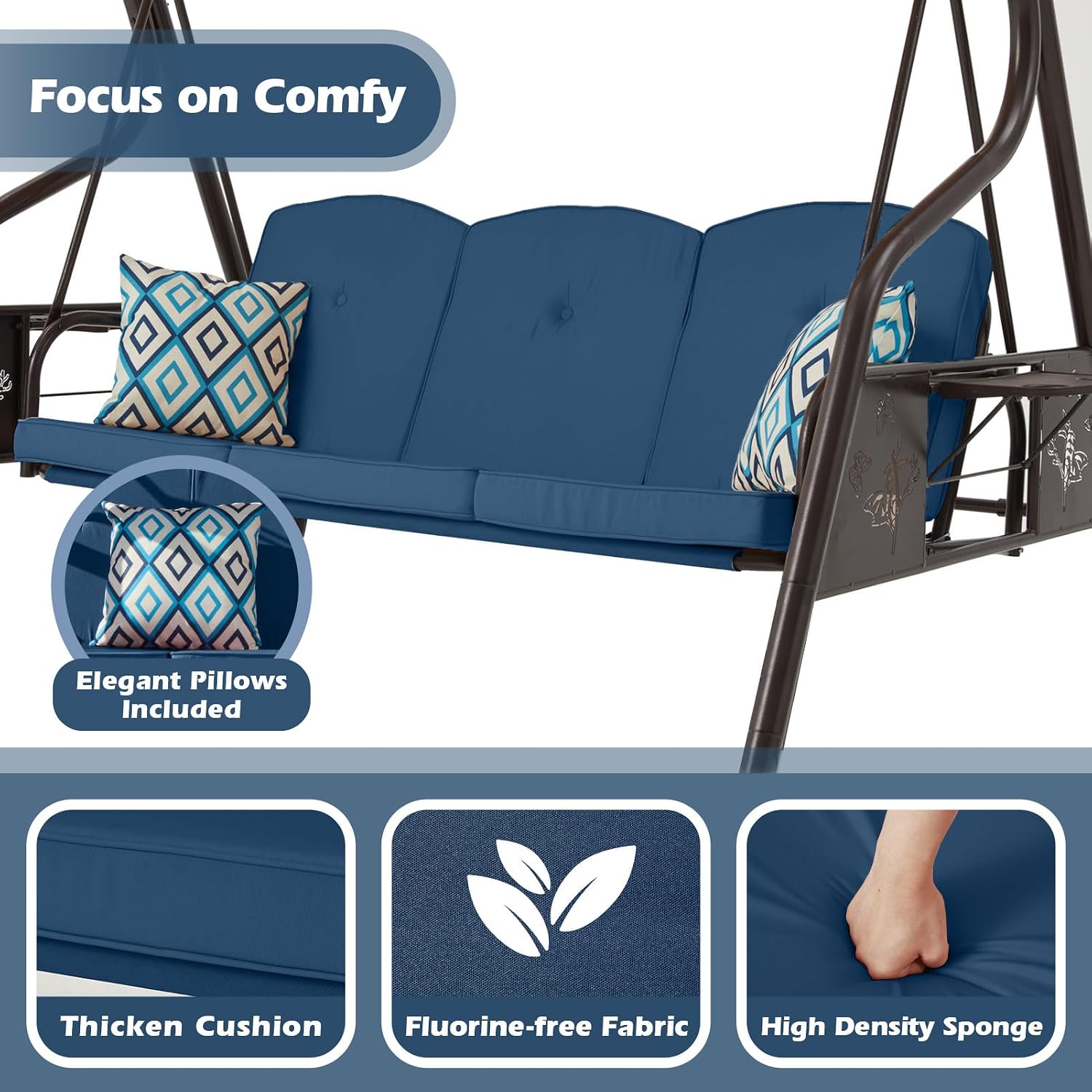 ZZW 3-Seat Patio Porch Swing 800LBS Outdoor Swing with Stand w/Canopy & Adjustable Backrest Patio Glider Chair w/Removable Pillows & Foldable Side Tray for Balcony Garden Deck (Blue)
