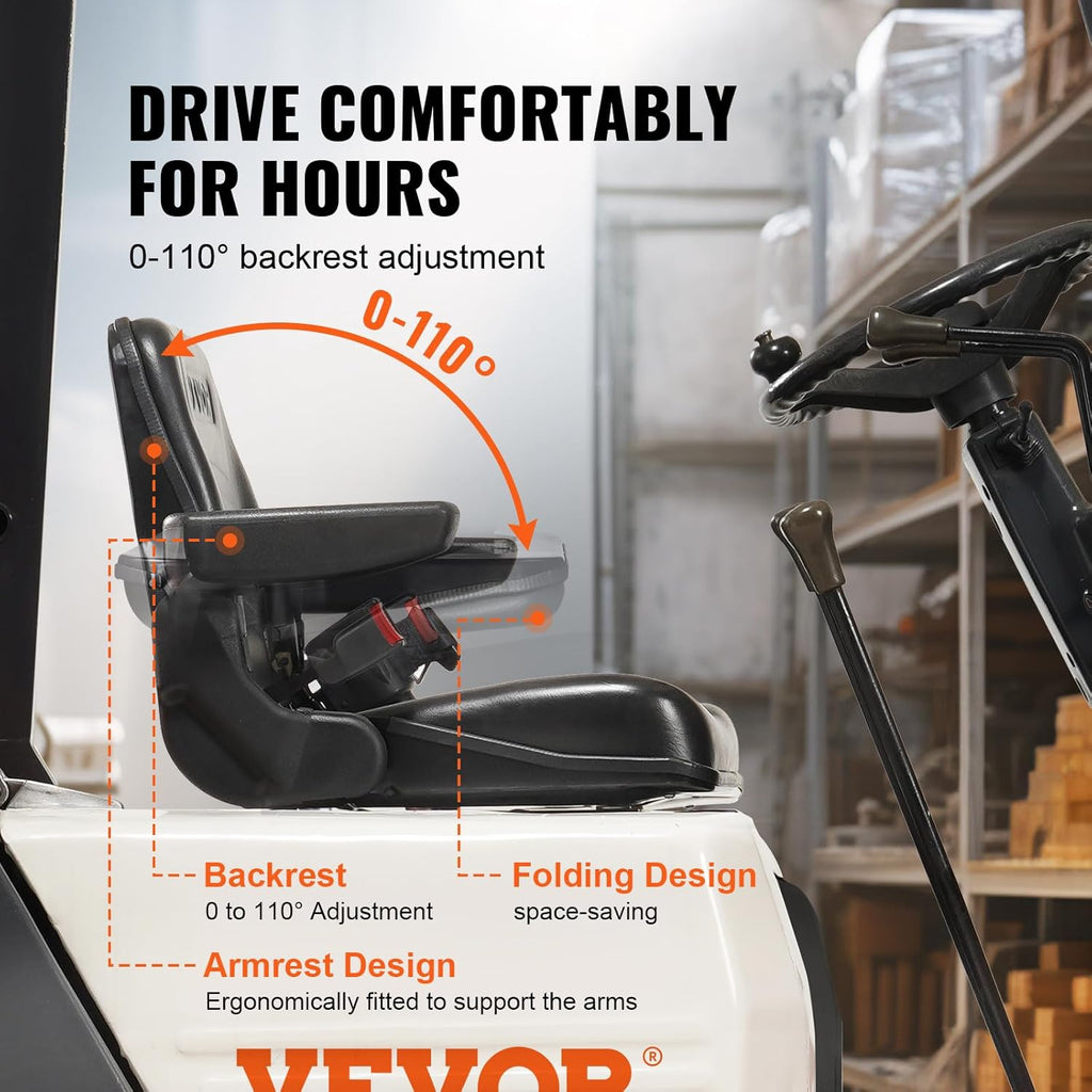 VEVOR Fold Down Tractor Seat with Adjustable Angle Back, Micro Switch, Seatbelt and Armrests, 6.3-13.4 inch Slot Seat for Loader, Excavator