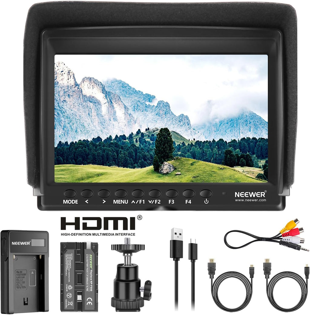 NEEWER F100 7 Inch Camera Field Monitor HD Video Assist Slim IPS 1280x800 HDMI Input 1080p with 2600mAh Li-ion Battery/USB Charger for DSLR Cameras, Handheld Stabilizer, Film Video Making Rig