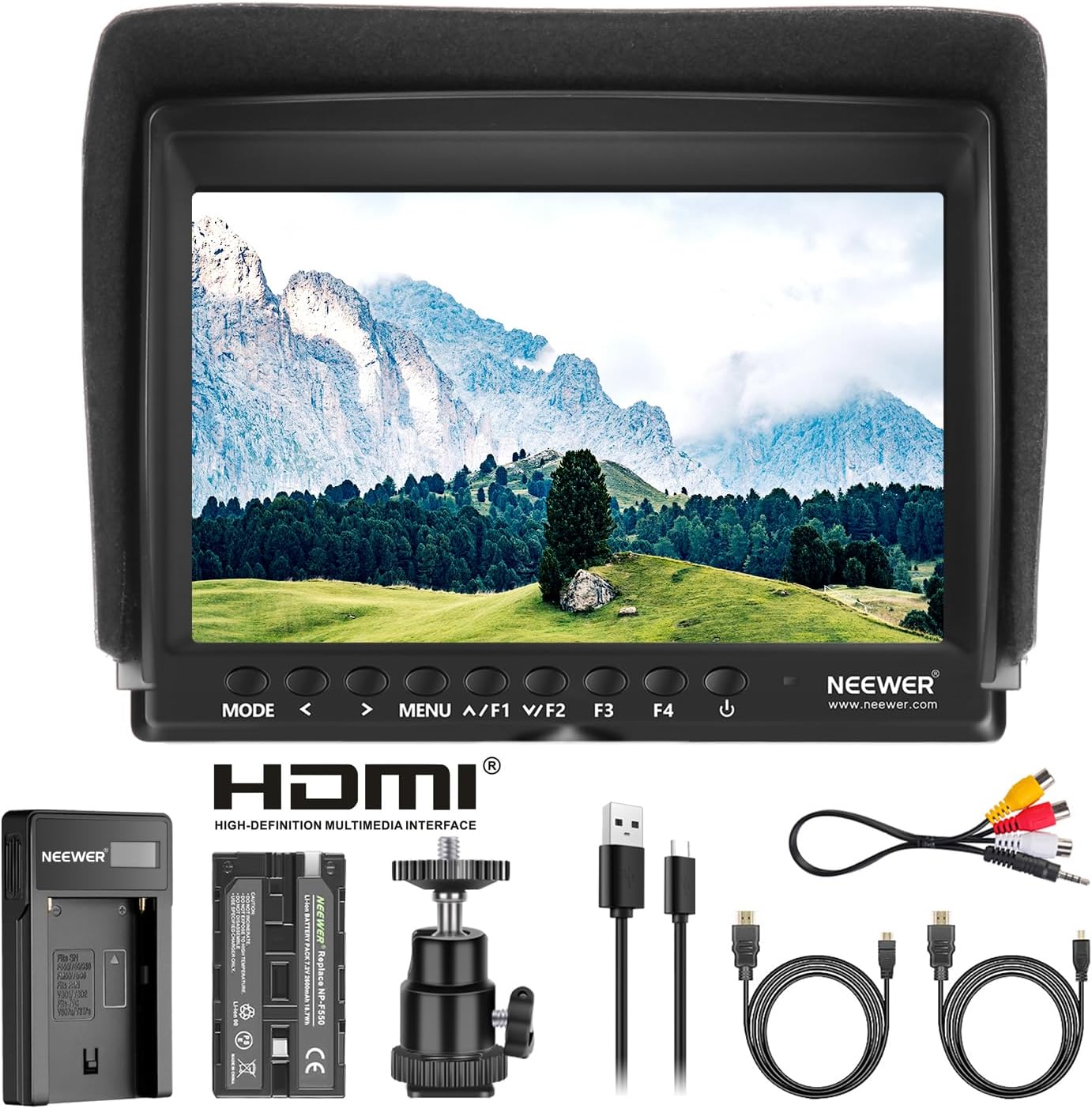 NEEWER F100 7 Inch Camera Field Monitor HD Video Assist Slim IPS 1280x800 HDMI Input 1080p with 2600mAh Li-ion Battery/USB Charger for DSLR Cameras, Handheld Stabilizer, Film Video Making Rig