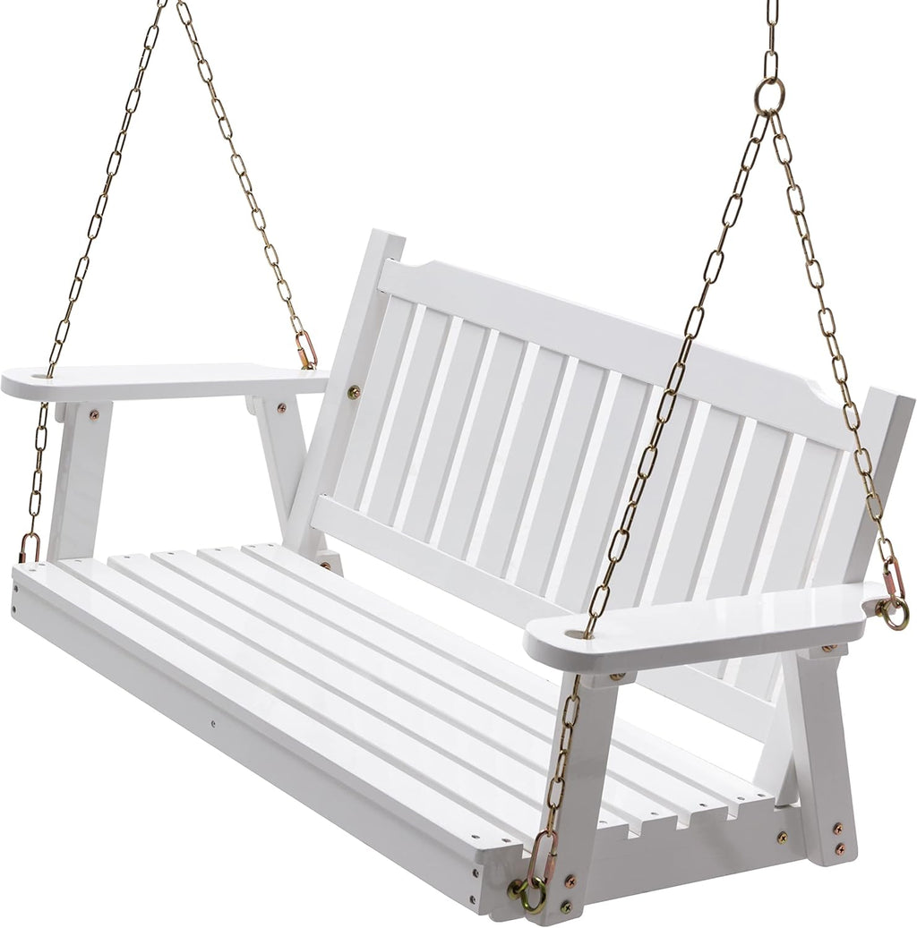 Anraja Wooden Porch Swing 2-Seater Bench Swing with Hanging Chains Heavy Duty 800 LBS for Outdoor Patio Garden Yard, Large 4 Ft, White