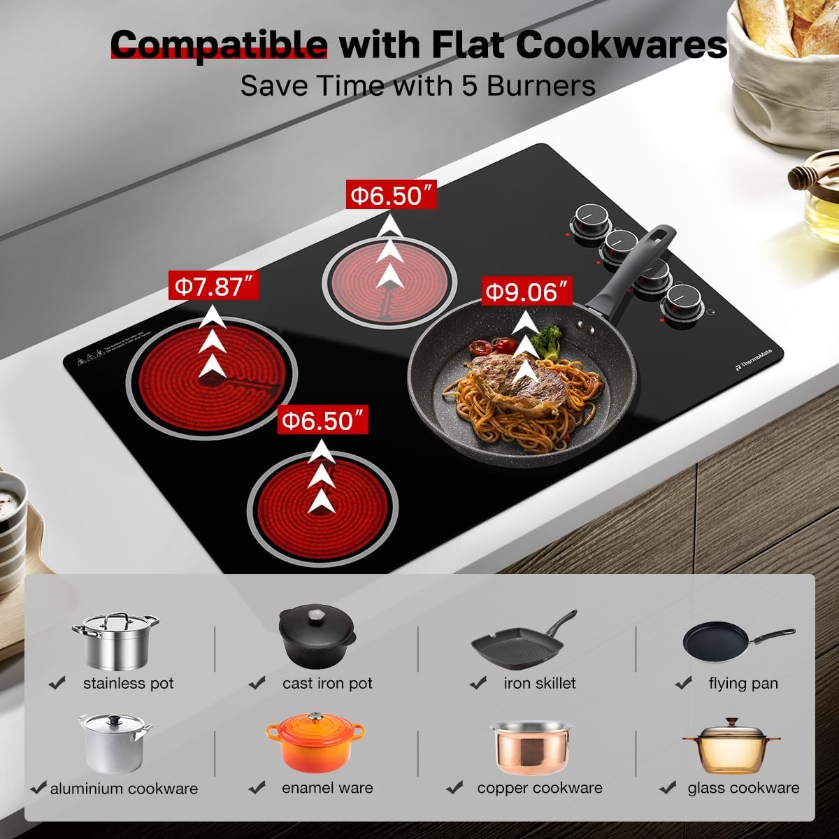 ThermoMate 30 Inch Electric Cooktop, 4 Burners Knob Control Built-in Ceramic Cooktop, 30' Radiant Electric Stove Top of 6700W with 9 Heat Levels, Hot Surface Indicator, 220-240v, Hard Wired