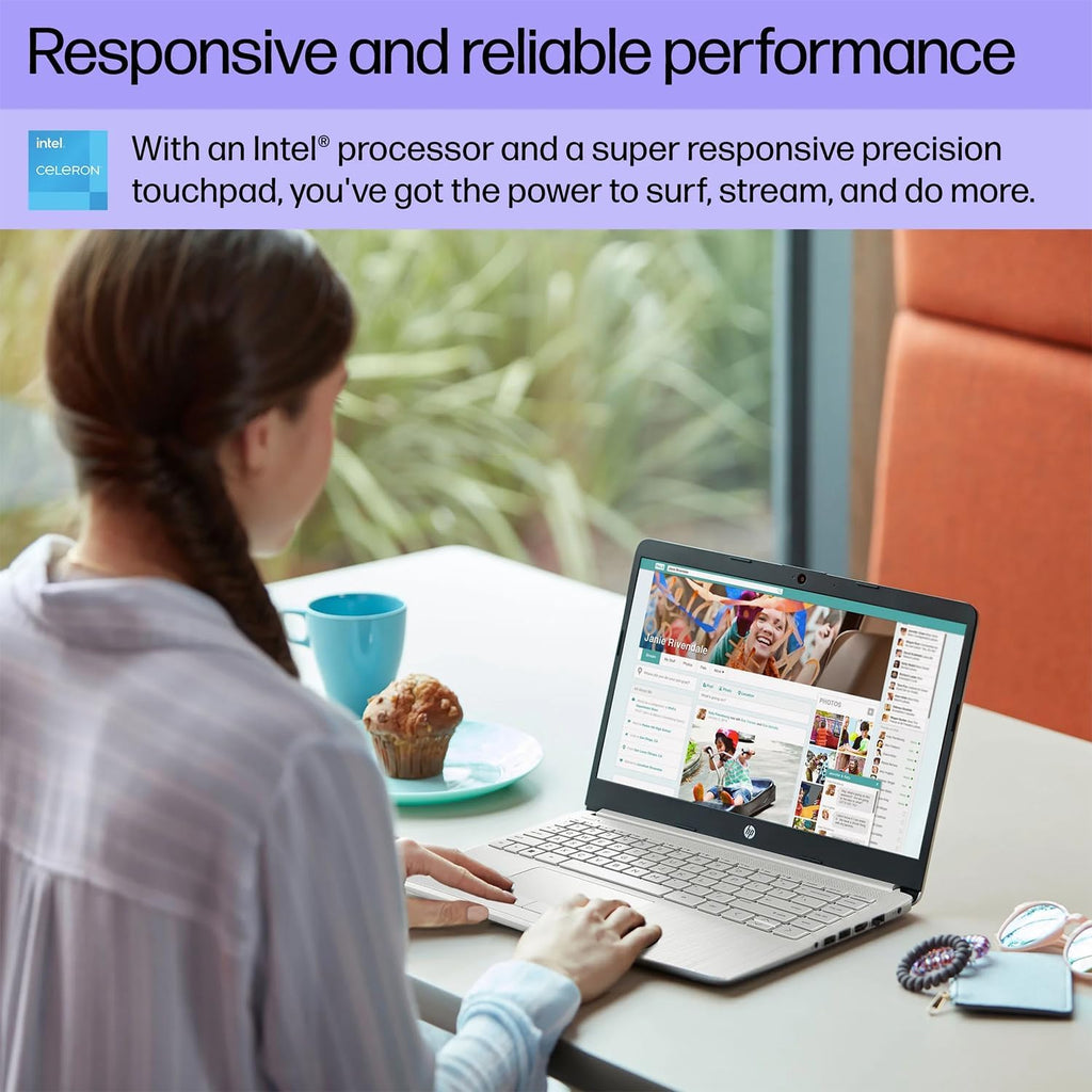 HP Portable Laptop, Student and Business, 14' HD Display, Intel Quad-Core N4120, 16GB DDR4 RAM, 64GB eMMC, 1 Year Office 365, Webcam, RJ-45, HDMI, Wi-Fi, Windows 11 Home, Silver