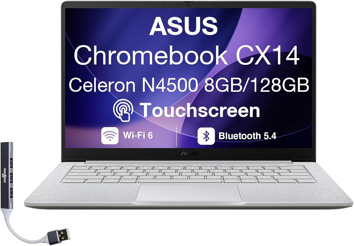 ASUS Chromebook CX14 14.0' FHD Touchscreen Display (Intel Celeron N4500, 8GB RAM, 128GB eMMC SSD, Wi-Fi 6, BT 5.4, HD Webcam, Dockztorm USB HUB, Chrome OS) - Ideal for Everyday Value Use (Renewed)