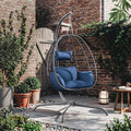Kurapika Egg Swing Chair Indoor Outdoor Patio Wicker Rattan Hanging Egg Chair with Stand, Hammock Swing with Cushioned Headrest, 350LB Capacity for Bedroom, Balcony, Garden (Navy Blue)