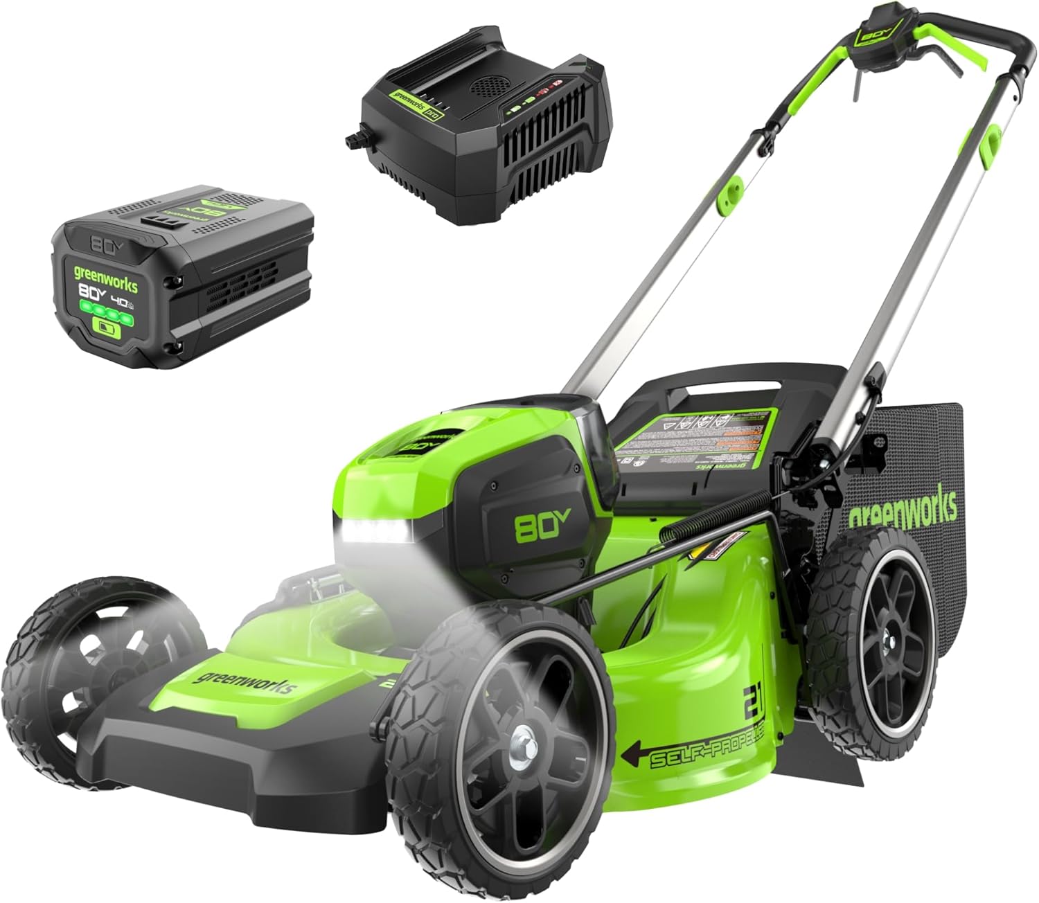 Greenworks 80V 21' Self-Propelled Cordless Lawn Mower – Brushless Motor, LED Lights, 4.0Ah Battery & Rapid Charger (75+ Compatible Tools)