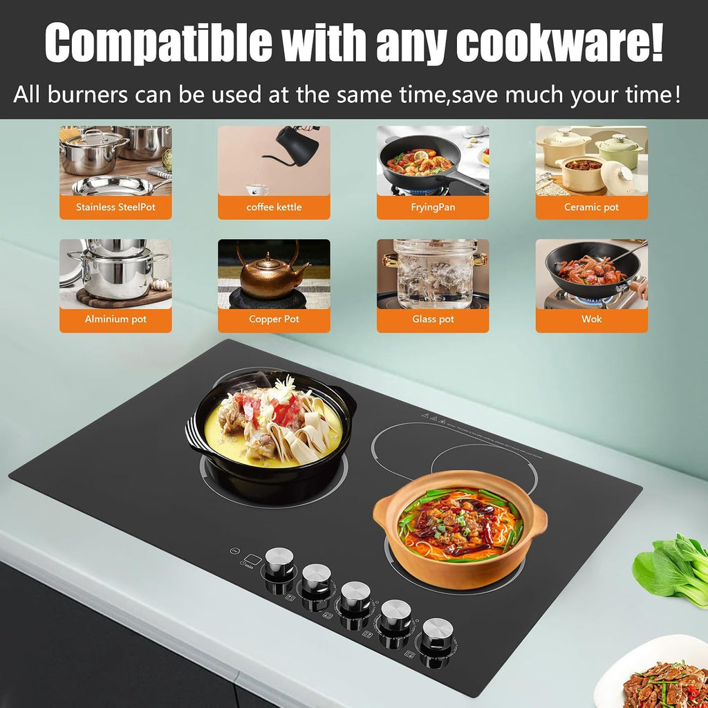 4-Burner Cooktop 110V Electric Stove Top with Independent Knob Child Lock 4 Power Levels Ceramic Cooktop for Kitchens, No Plug (30Inch)
