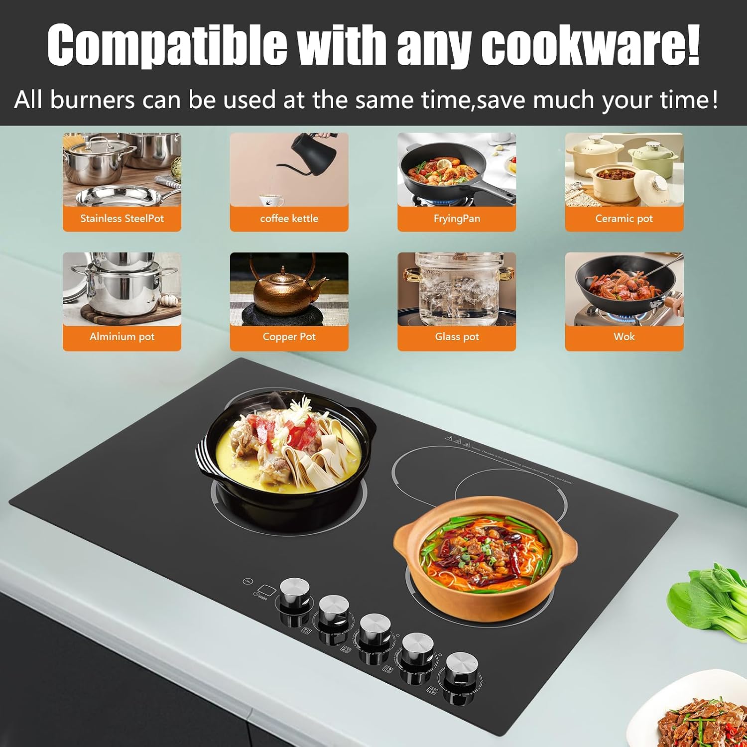 4-Burner Cooktop 110V Electric Stove Top with Independent Knob Child Lock 4 Power Levels Ceramic Cooktop for Kitchens, No Plug (30Inch)