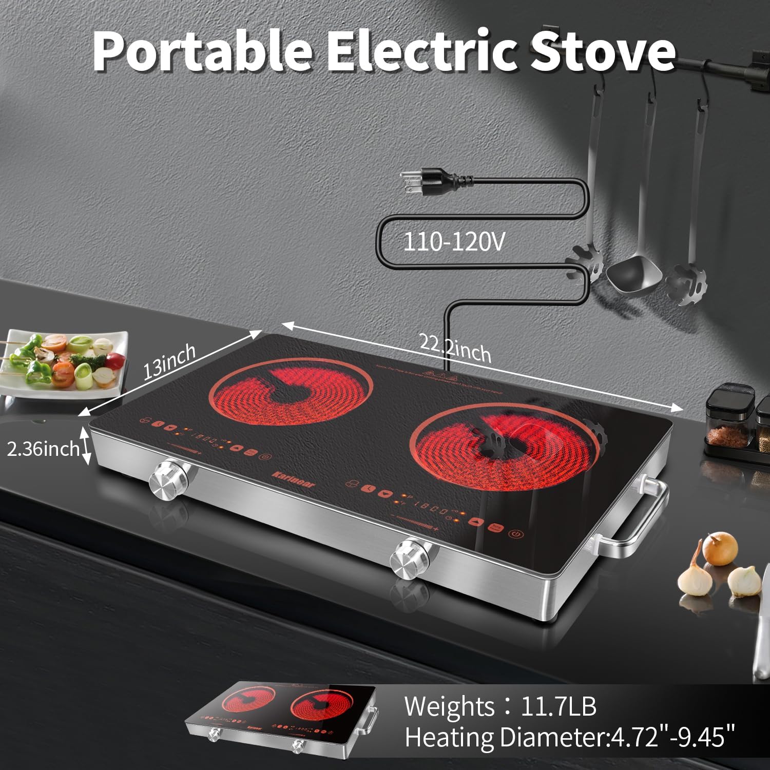 Karinear 2 Burner Electric Cooktop 110V, Portable Electric Stove with Handle, Knob Control Electri Hot Plate, Ceramic Countertop Burner, Timer, Safety Lock, 9 Power Level, 2000W, 24 inch(Gold)