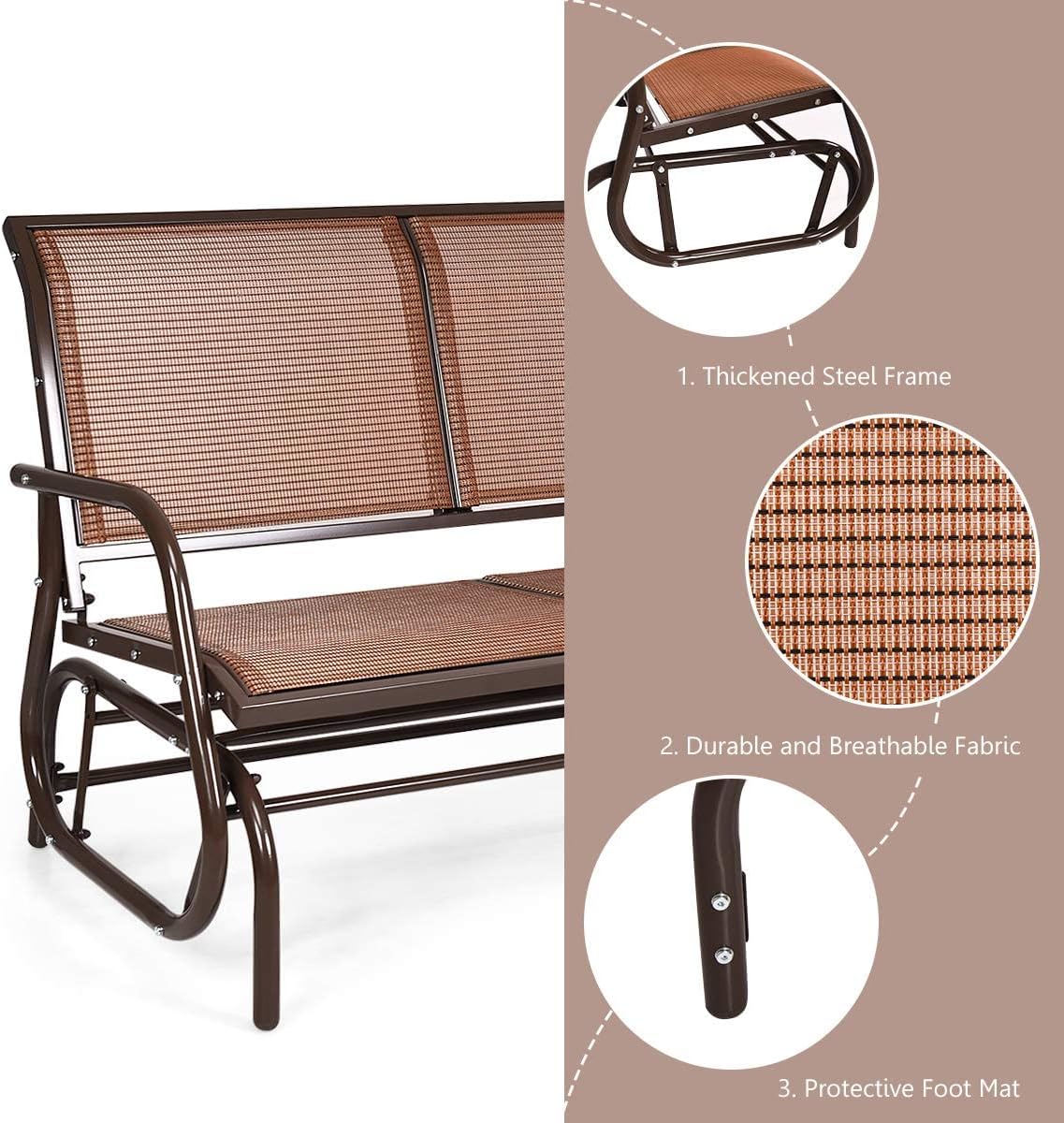 Giantex Swing Glider Chair 48 Inch with Spacious Space, 2 People Lounge Cozy Patio Bench Outdoor & Indoor for Patio, Backyard, Poolside, Lawn Steel Rocking Garden Loveseat (Brown)