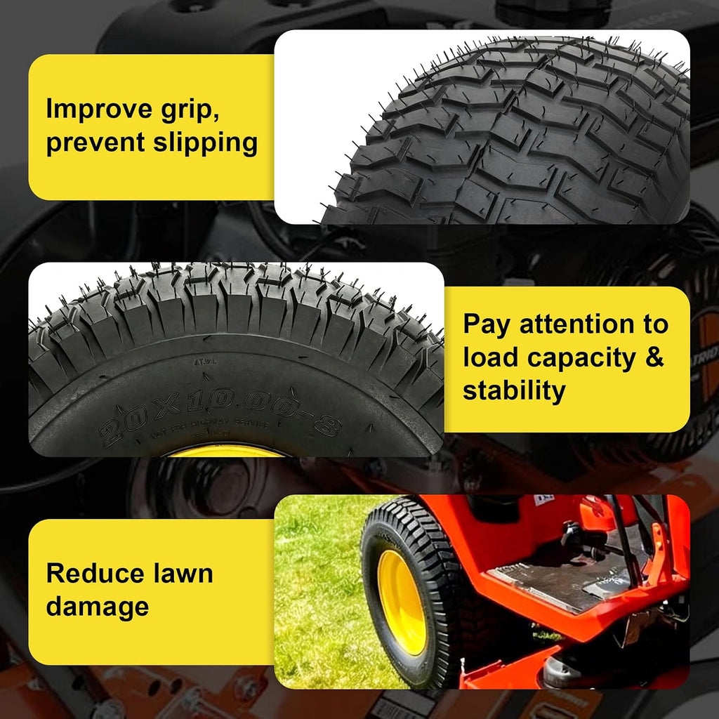 2Pcs 20x10.00-8 Lawn Mower Tires, Rear Tire and Wheel Assemblies for Riding Lawn Mowers, 4-Ply Tubeless Turf-Friendly Tires with 3/4' Borehole, 3.5' Offset Hub and 3/16' Keyway, 1190LBS Load Capacity