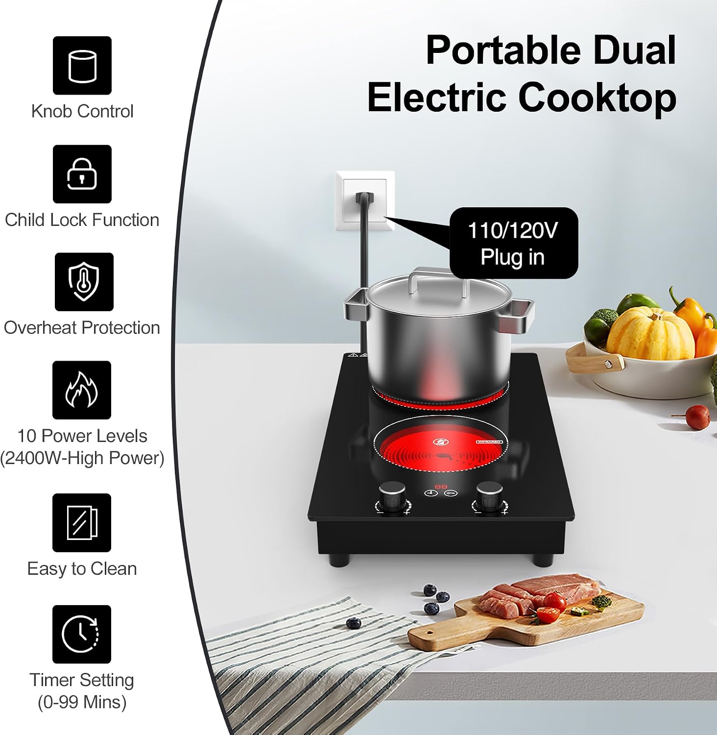 Electric Cooktop, 2 Burner Ceramic Cooktop 2400W 110V, Built-in or Countertop with Touch and Knob Control, 10 Power Levels, Child Lock, Timer, Hot Surface Indicator, Overheat Protection