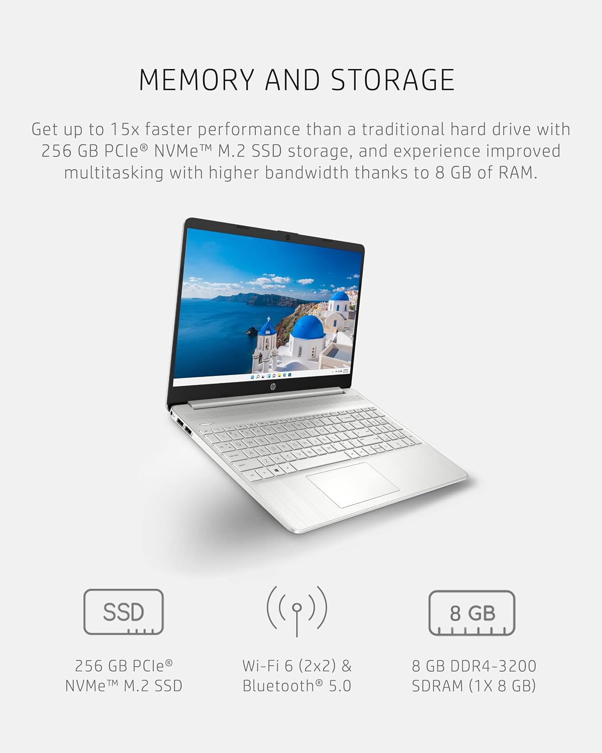 HP 15 Laptop, AMD Ryzen 3-5300U Processor, 8 GB RAM, 256 GB SSD Storage, 15.6-inch HD Micro-Edge Display, Windows 11 Home, Long-Lasting Battery, Fast Charge, 720p Webcam (15-ef2024nr), Natural Silver