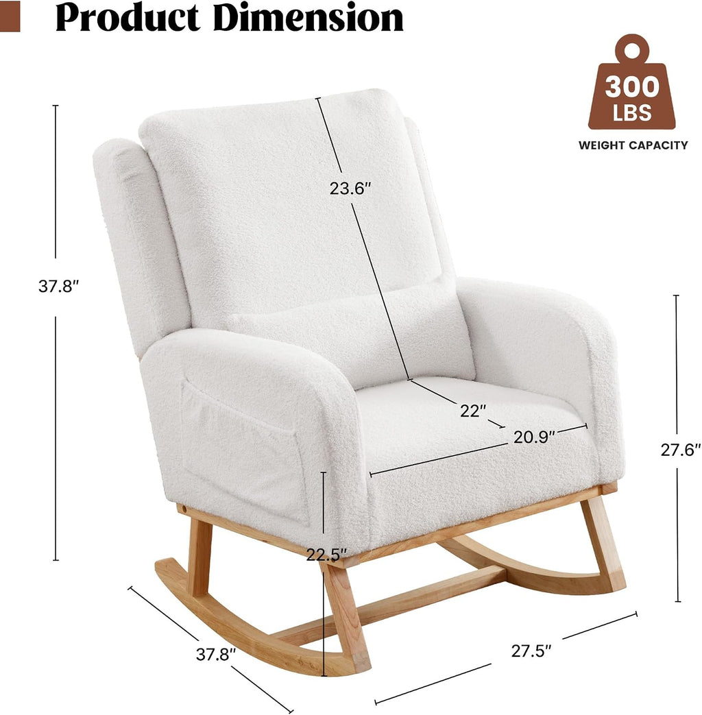 HCHAIRH Rocking Chair Nursery, Sherpa Nursing Rocking Chairs, Upholstered Nursery Glider Rocker Wingback Morden Rocking Chair with Lumbar Pillow for Mom Nursery, Living Room, Bedroom, Teddy White