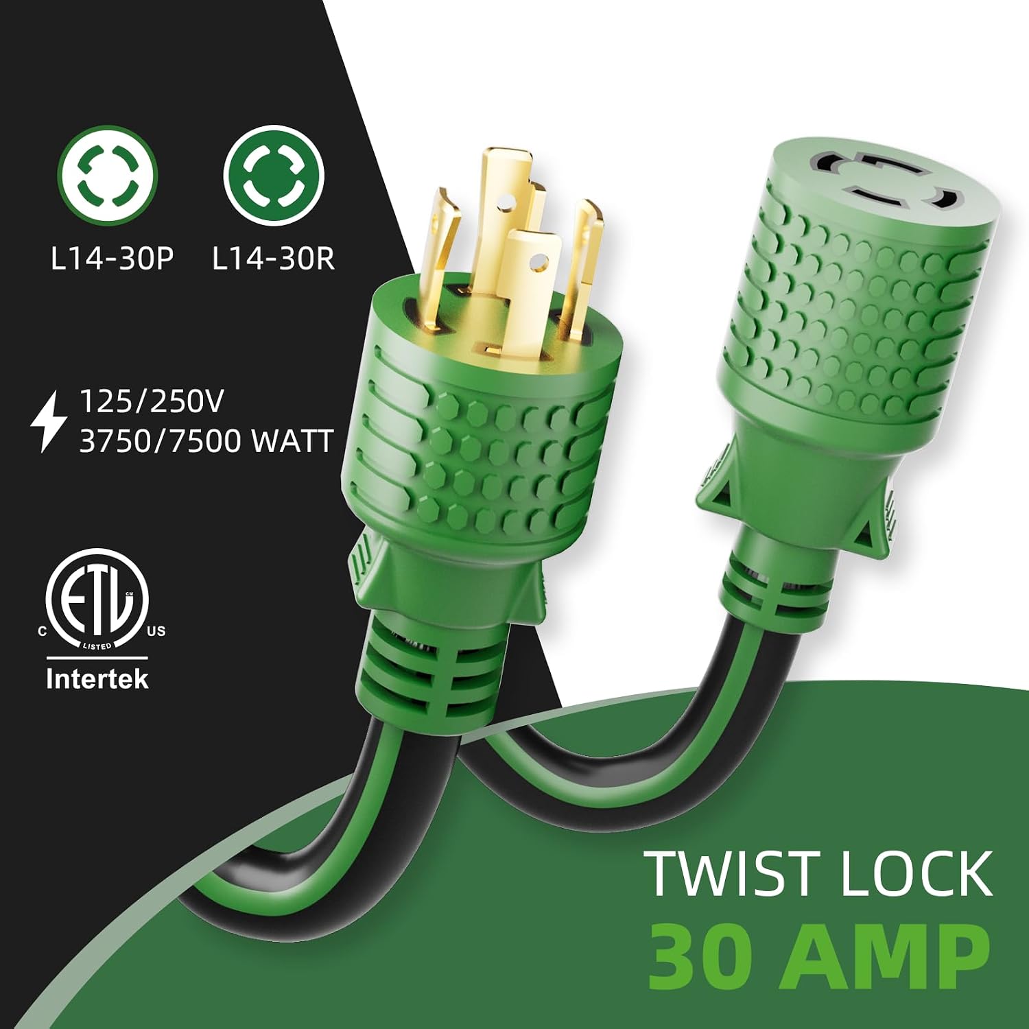 4 Prong 30 Amp Extension Generator Cord 100FT, NEMA L14-30P/L14-30R, 125/250 Volt Up to 7500 Watts, 10 Gauge SJTW Twist Lock Power Cord for Manual Transfer Switch, Black&Green, ETL Listed
