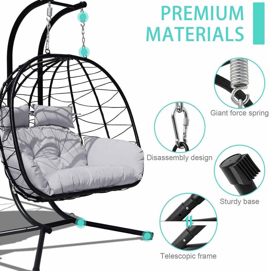 Hanging Egg Chair with Stand Indoor Swinging Chair Outdoor Hammock Egg Chair for Patio, Bedroom, Garden and Balcony (Gray+Black, Large)