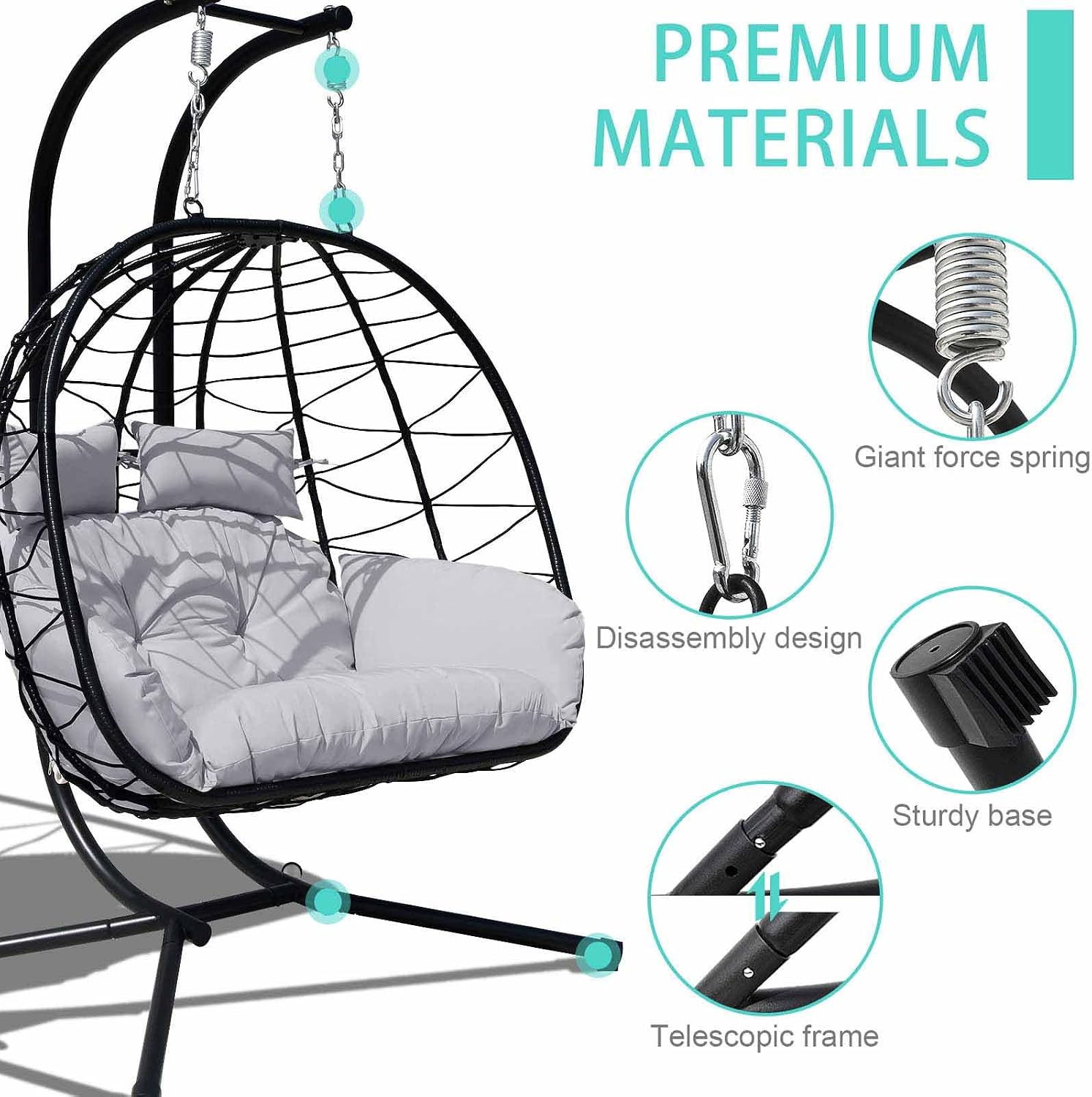 Hanging Egg Chair with Stand Indoor Swinging Chair Outdoor Hammock Egg Chair for Patio, Bedroom, Garden and Balcony (Gray+Black, Large)