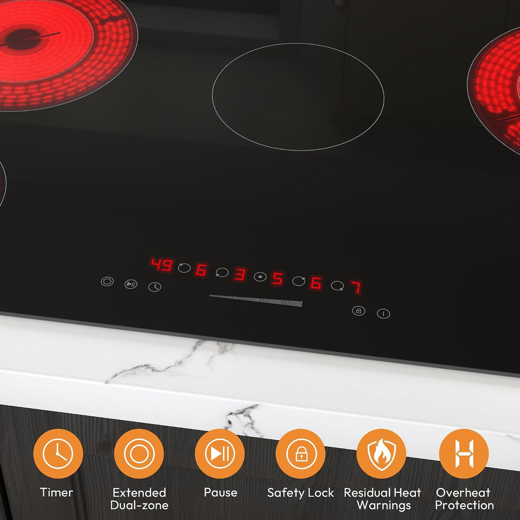 Empava 36 Inch Electric Ceramic Cooktop Built-in, 5 Radiant Burners with Dual Ring Rear Elements & 100W Insulation Zone, Touch Slider Control, Stop & Go, Child Lock, ETL Certified