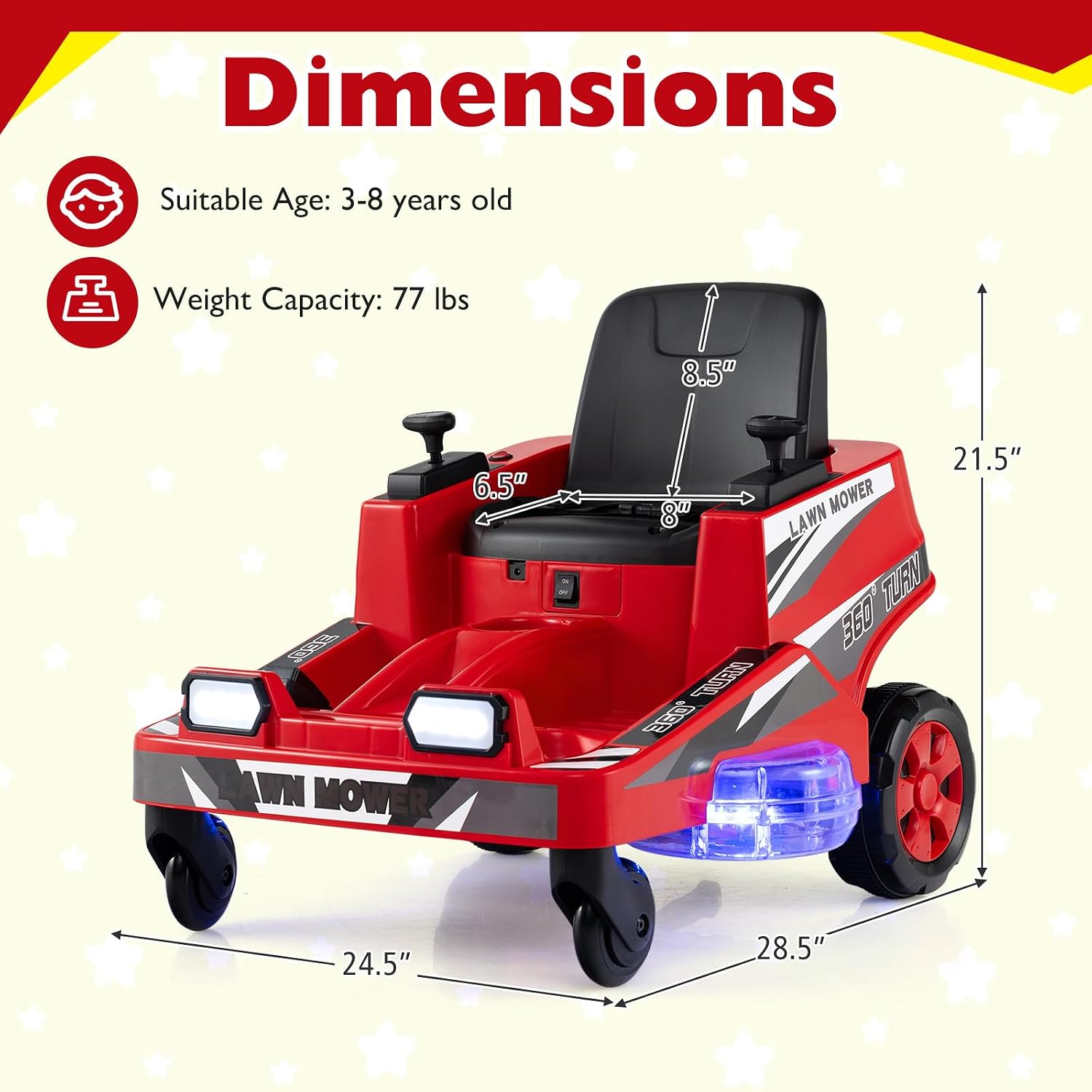 Costzon Ride on Lawn Mower for Kids, 12V Toddler Electric Car with 360° Twist and Turn, Dual Control Sticks, LED Lights, Outdoor Ride on Toy Gift for Boys & Girls Aged 3-8 (Red)