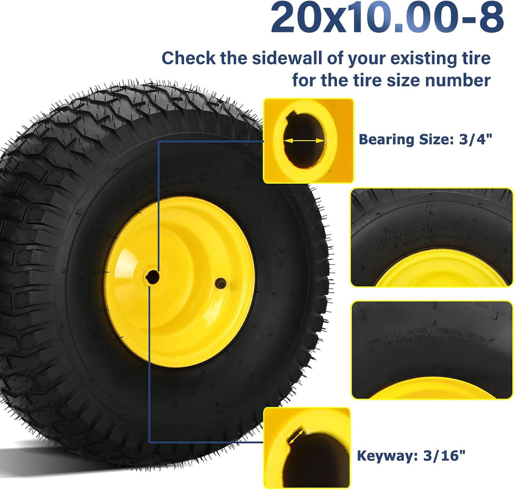 2Pcs 20x10.00-8 Lawn Mower Tires, Rear Tire and Wheel Assemblies for Riding Lawn Mowers, 4-Ply Tubeless Turf-Friendly Tires with 3/4' Borehole, 3.5' Offset Hub and 3/16' Keyway, 1190LBS Load Capacity