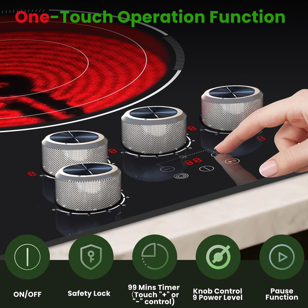 Electric Cooktop 36 Inch Karienvir, 5 Burner 9200W Electric Stove Top with Dual-Ring & Triple-Ring Burners, 220V-240V Hardwired Cooktop, 36' Cook top With Knob Control 9 Level Power, Timer, Lock