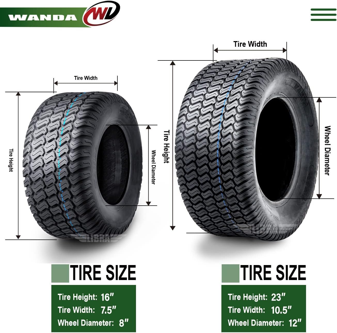 WANDA Set 4 16X7.5-8 & 23X10.5-12 Lawn Mower Tractor Cart Turf Tires 4 Ply-13020/13049