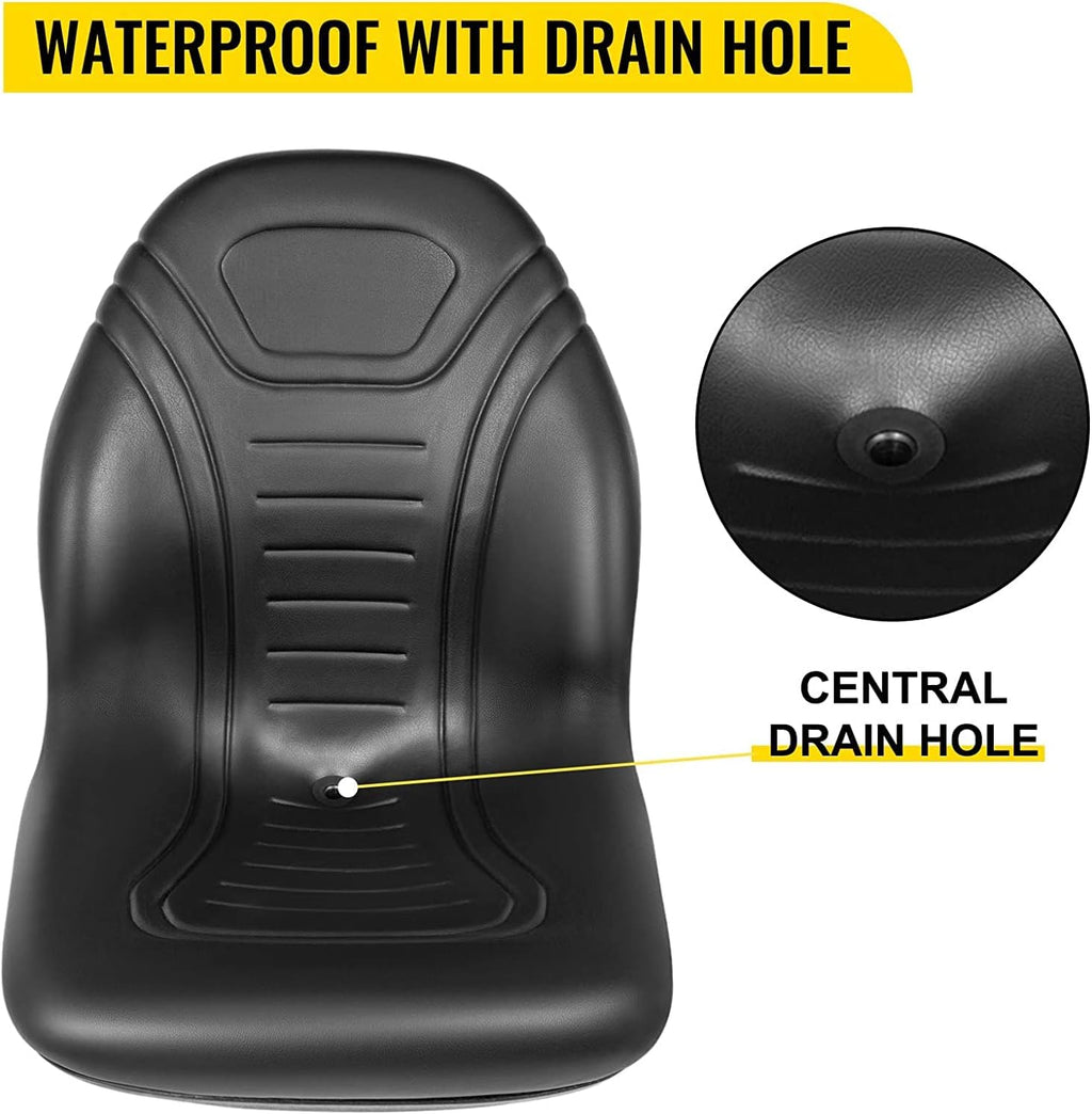 VEVOR Universal Lawn Tractor Seat Replacement, Compact High Back Mower Seat, Black Vinyl Forklift Seat, Central Drain Hole Skid Steer Seat with Mounting Bolt Patterns of 8' x 11.5' & 11.25' x 11.5'