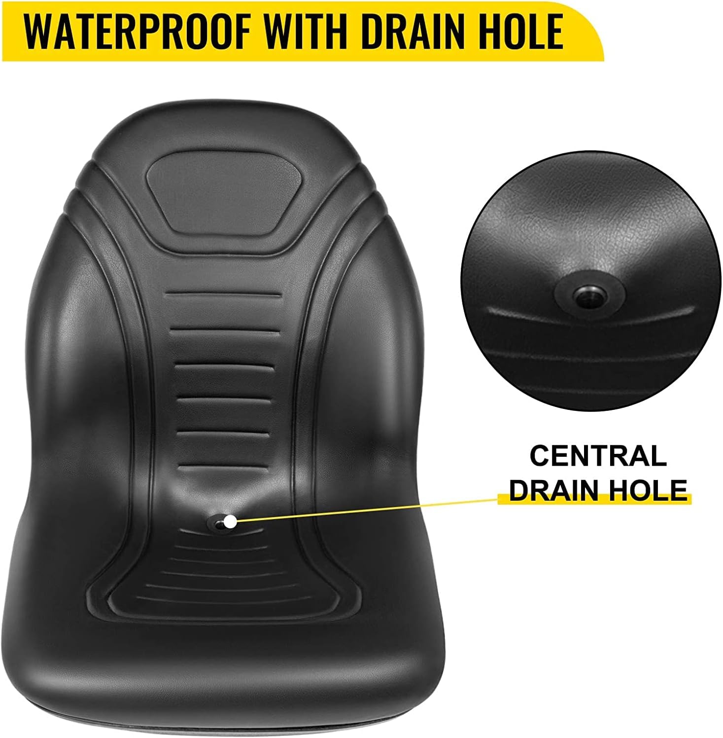 VEVOR Universal Lawn Tractor Seat Replacement, Compact High Back Mower Seat, Black Vinyl Forklift Seat, Central Drain Hole Skid Steer Seat with Mounting Bolt Patterns of 8' x 11.5' & 11.25' x 11.5'