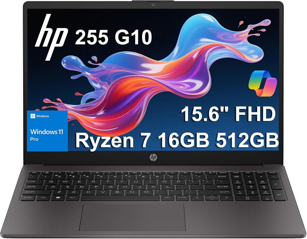 HP 255 G10 Business Laptop (15.6' FHD Anti-glare, AMD Ryzen 7 7730U (> Intel i7-1355U) 16GB RAM, 512GB SSD) for Home, Student, Military Grade, Webcam w/Shutter, Numeric Keypad, Wi-Fi 6, Win 11 Pro