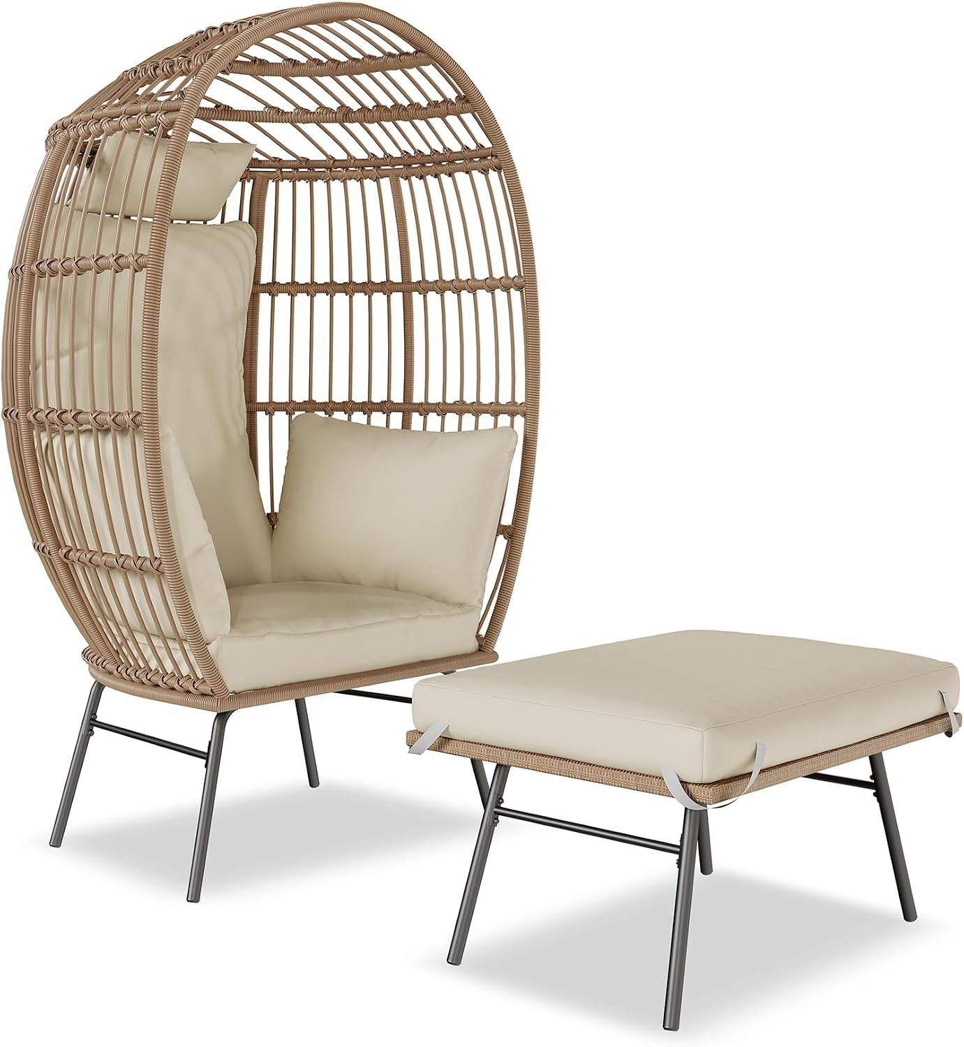 GAOMON Oversize Wicker Egg Chair with 4 Comfy Cushions, Big Egg Shaped Lounger with Ottoman, Rattan Reading Chairs for Indoor Outdoor Patio Porch Backyard, Beige