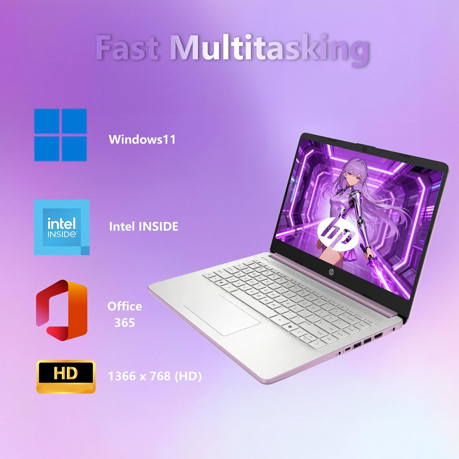 HP 14 Elite Laptop, 8GB RAM, 1.12TB Total Storage (128GB UFS+1TB Cloud), Honey Lavender, Office 365, Intel 4-Core, Win11, Copilot AI, 11Hr Battery, Alpacatec Mouse