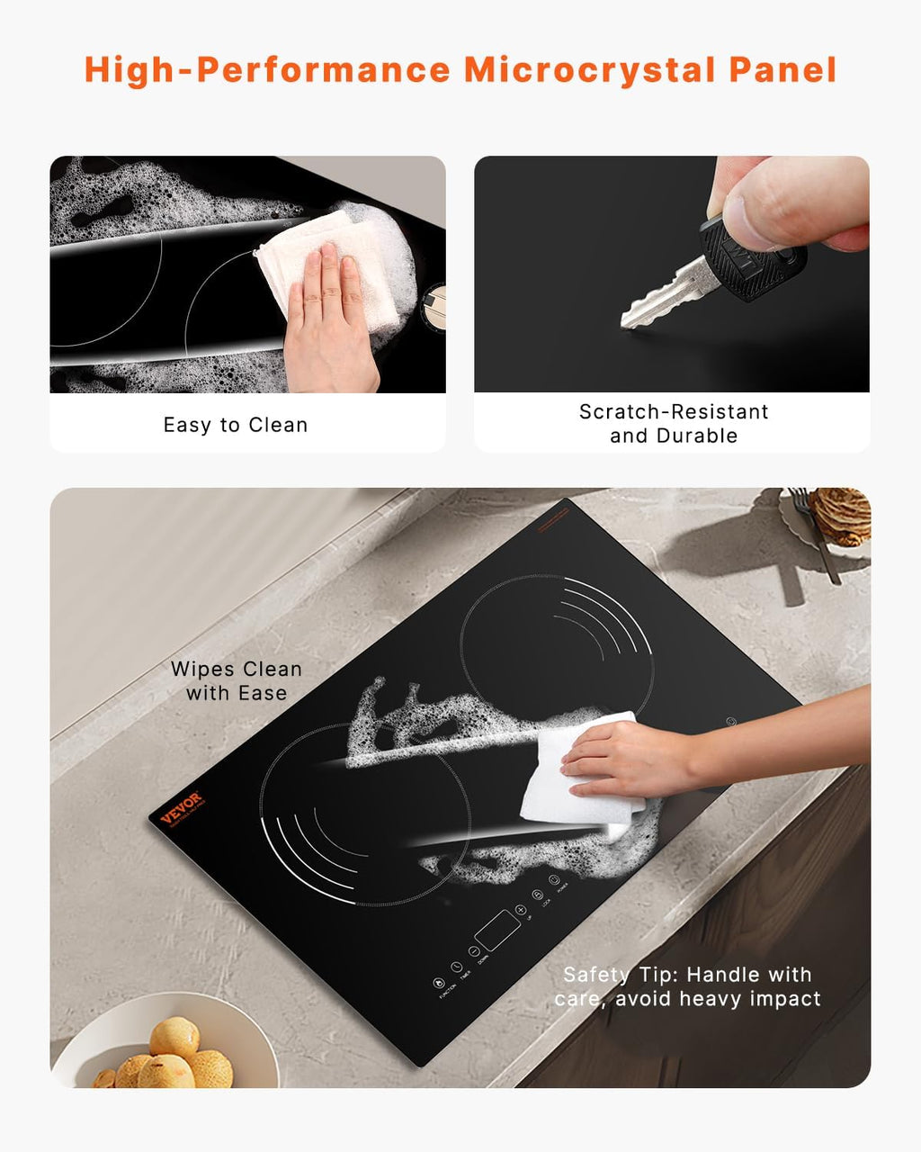 VEVOR Induction Cooktop, 1800W Electric Countertop Burner with 9 Power Settings, 2 Burner Touch Control Stove, Built-in Induction Cooktop, Include 99-Min Timer, Child Safety Lock, Glass Surface