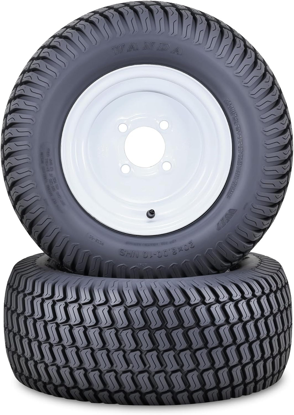 WANDA Lawn Mower Tractor Tire Wheel Assembly 20X8-10 4-Ply with 4 Lugs on 4' PCD White Wheel-13039,SET 2