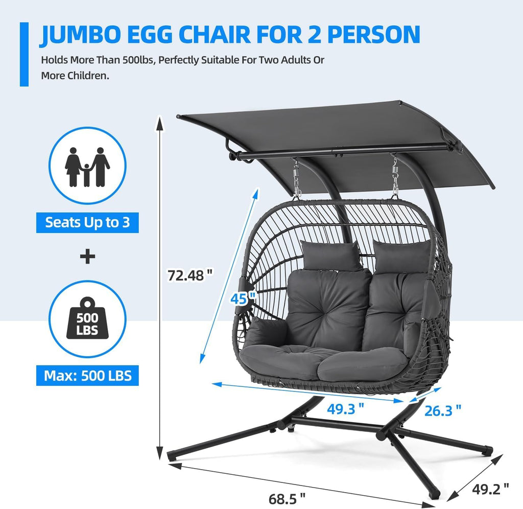 YOLENY Double Egg Chair with Adjustable Canopy, Oversized Hanging Swing Chair, Hammock Chair with Cushion Basket Hammock Nest Chair, Swinging Loveseat for Outdoor Patio, Balcony, Garden