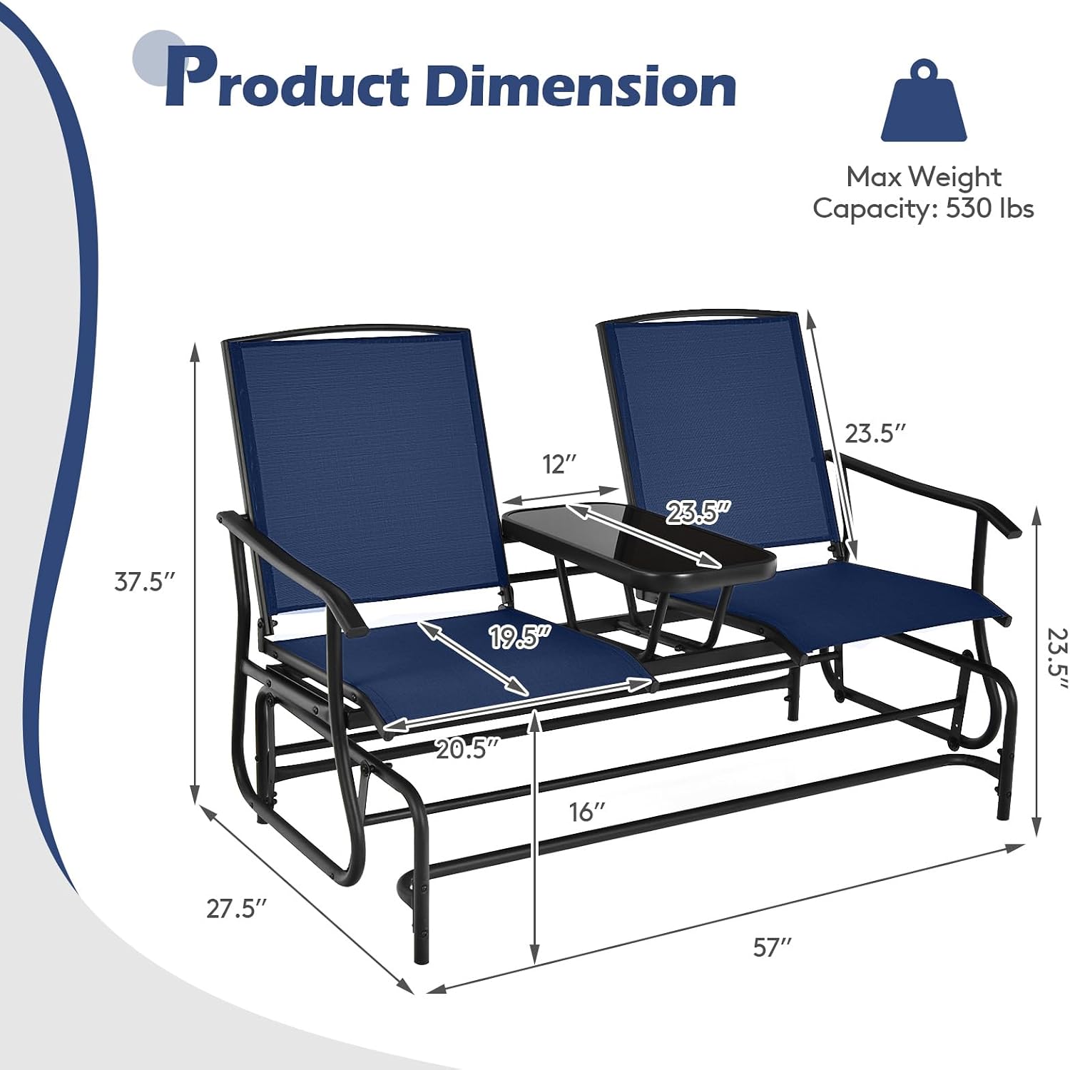 Tangkula 2 Person Swing Glider Chair, Patio Rocking Loveseat w/Center Tempered Glass Table, Outdoor Swing Bench w/Steel Frame & Breathable Mesh Fabric for Porch, Balcony, Poolside (Navy)