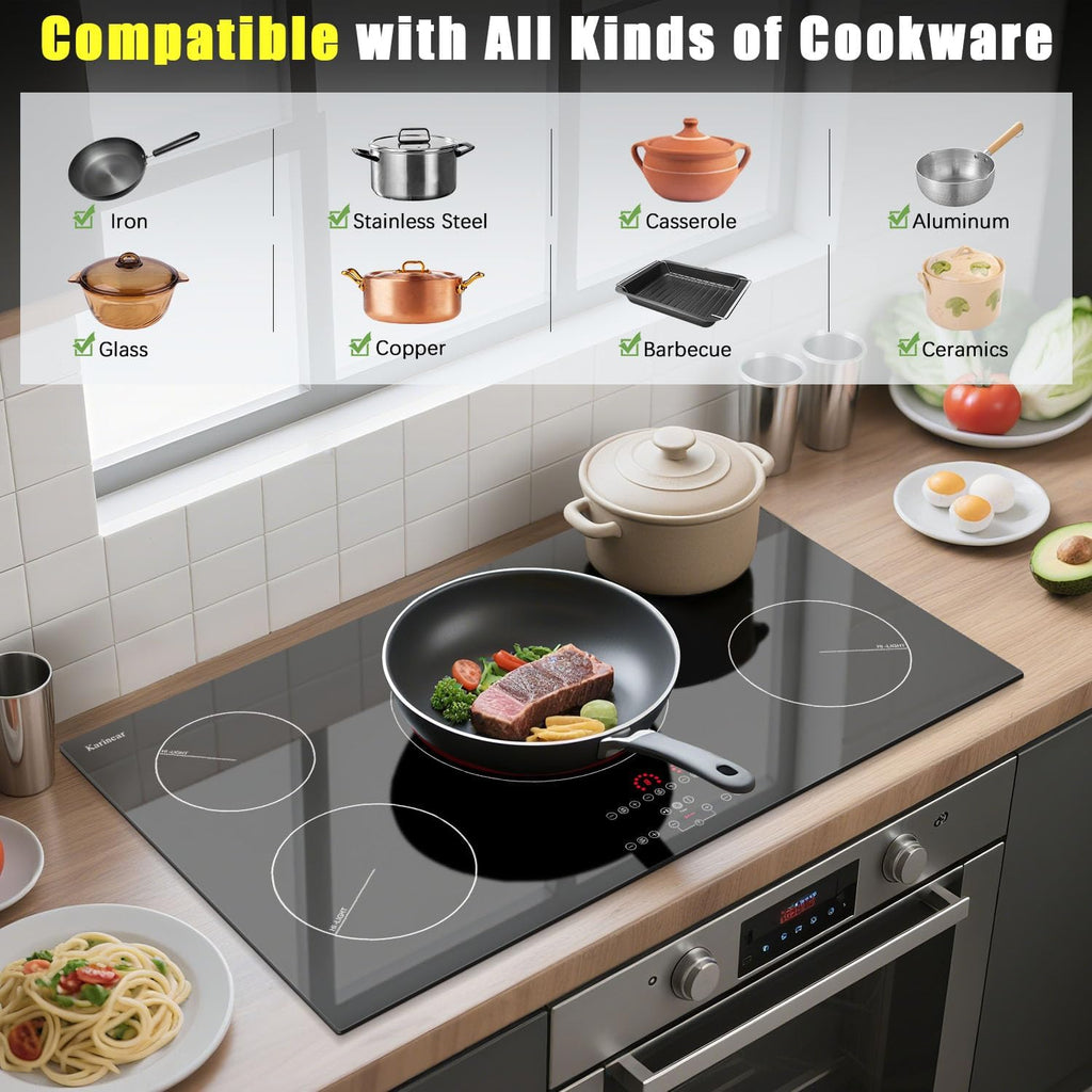 Karinear Electric Cooktop 36 Inch, Upgrade Sensor Touch 5 Burners Electric Stove Top, Built-in Ceramic Cooktop, Pause, Timer, Safety Lock, Triple Ring Expandable Burner,9400W, 220V