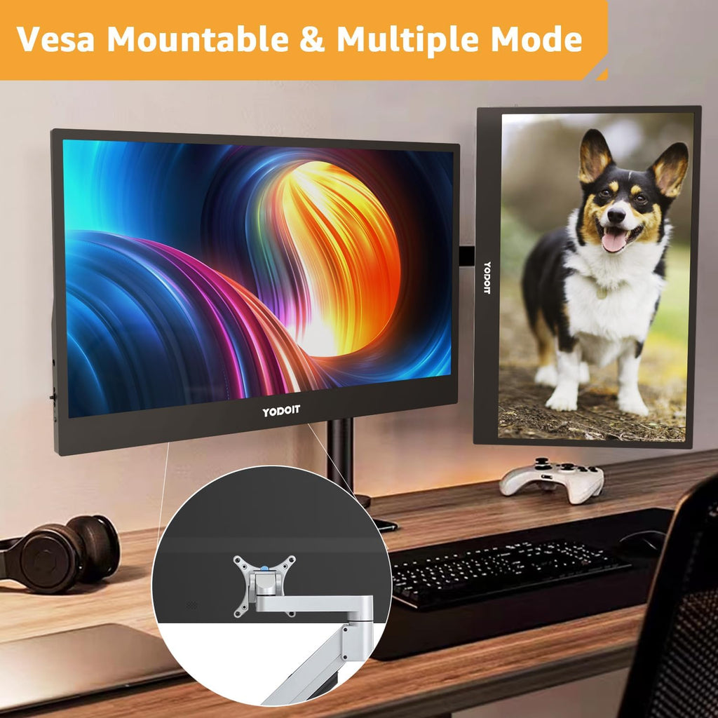 Yodoit Portable Monitor for Laptop 1920×1080 17.3' FHD Screen IPS Display with USB Type C Port, Built-in Speakers and Smart Cover Compatible with PC, MacBook, Xbox (Black)