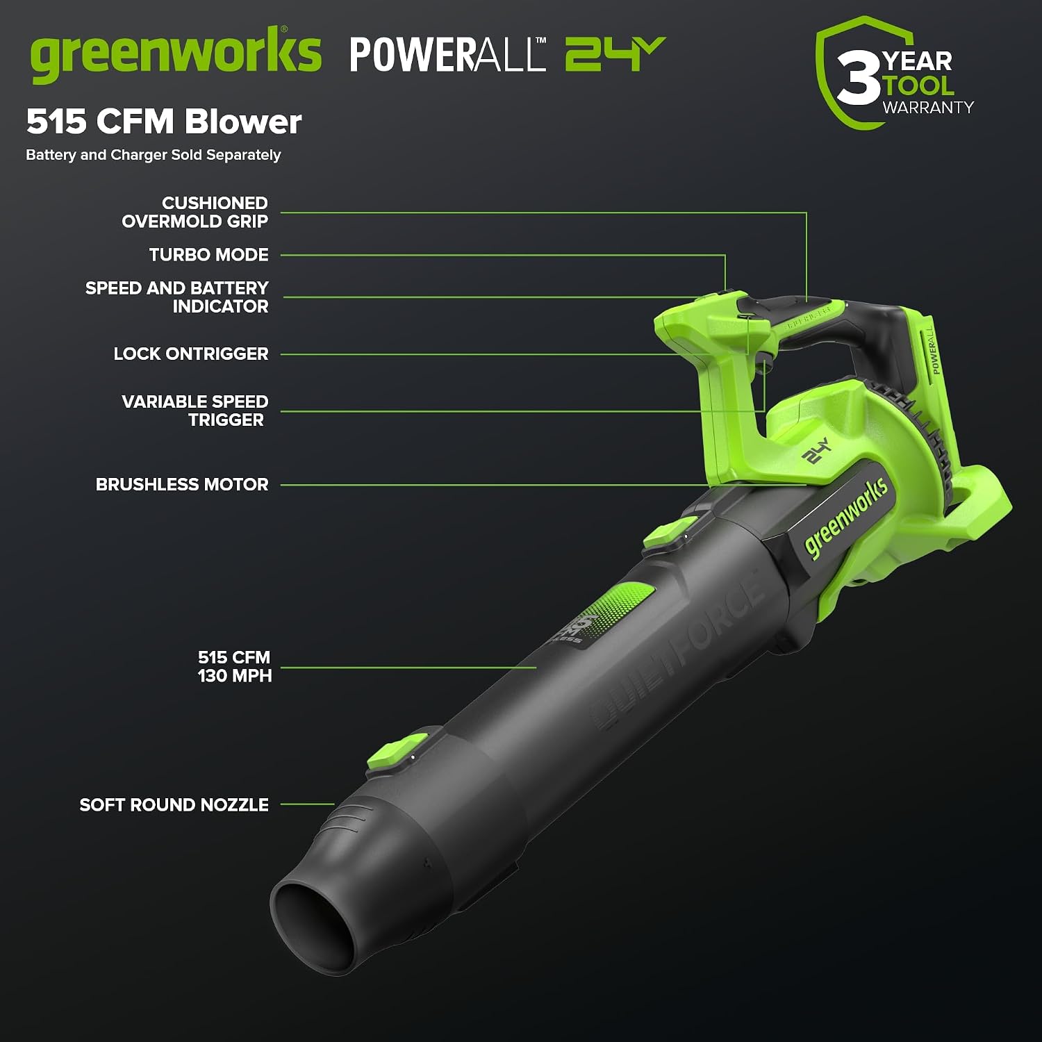 Greenworks 24V (515 CFM / 130 MPH) Brushless Axial Leaf Blower, High-Power for Job Site, Garage and Workshop Cleanup, Battery and Charger Not Included