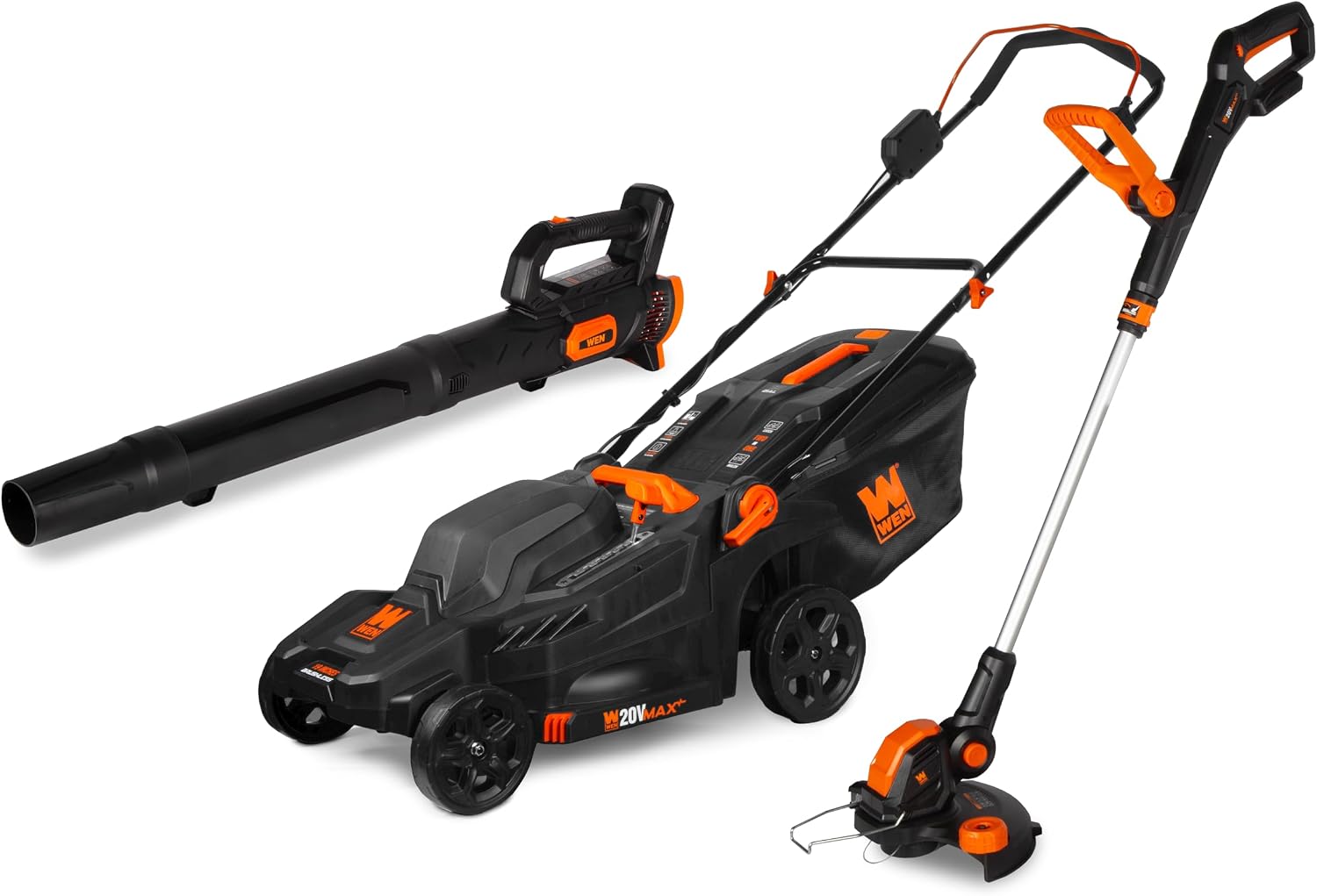 WEN 20V Max Cordless 19-Inch Lawn Mower, String Trimmer, and Leaf Blower Combo Kit with Two 5Ah Batteries and Dual Port Charger (20VK3TBM)