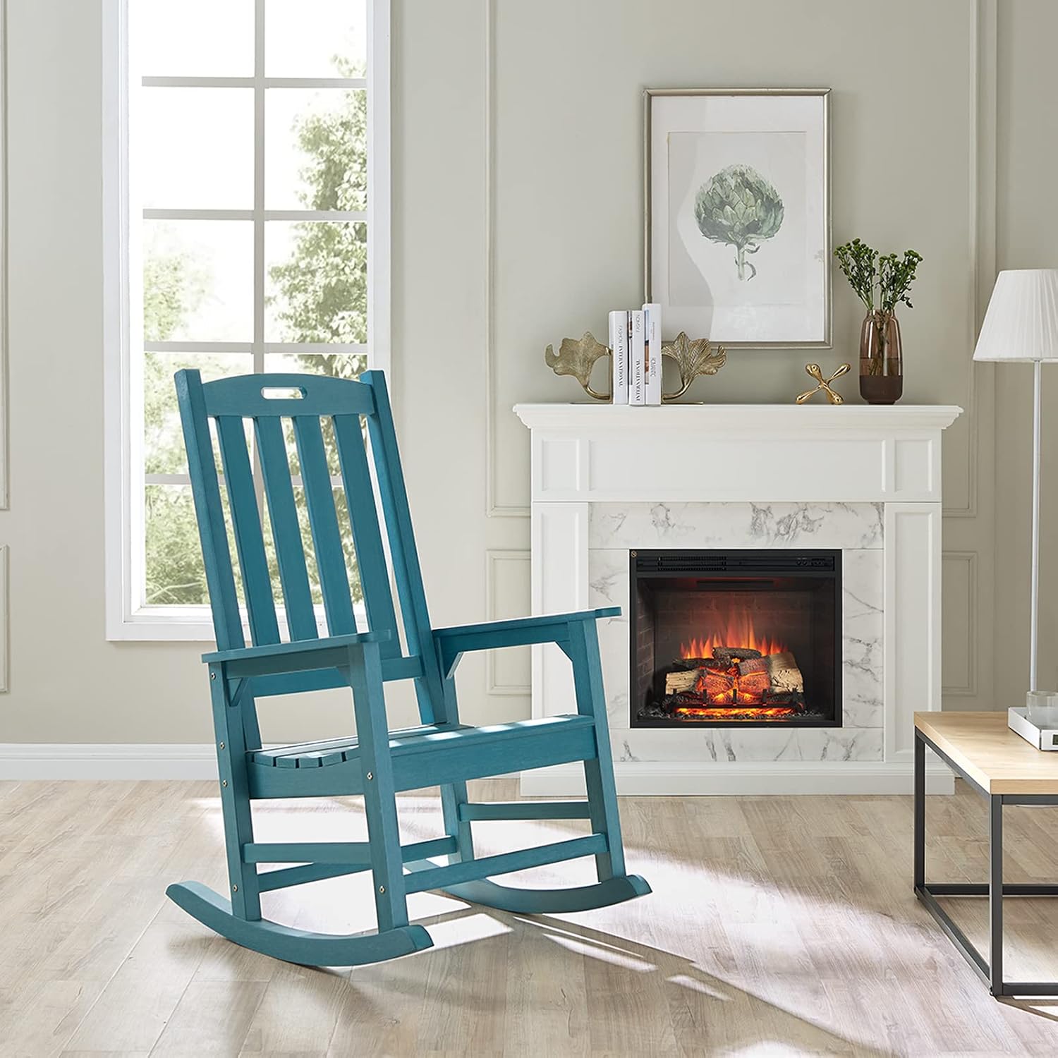 Psilvam Oversized Outdoor Rocking Chair, with 21' Wide Seat and 32' Tall Backrest, Pre-Assembled with Most Components for Effortless Installation (Blue)
