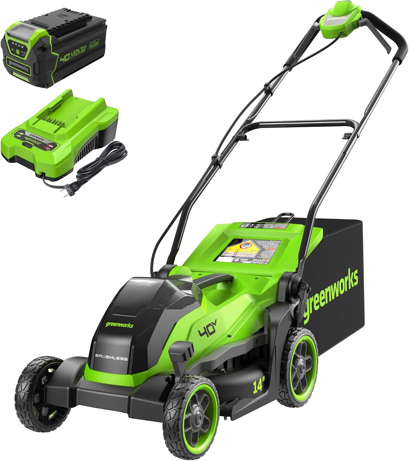 Greenworks 40V 14' Brushless (Push) Cordless Lawn Mower, 4.0Ah Battery and Charger