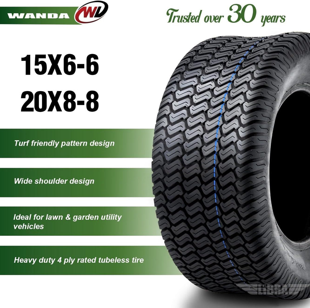 WANDA (Set 4) 15X6-6 & 20X8-8 Lawn Mower Tractor Cart Turf Tires 4 Ply-13016/13035