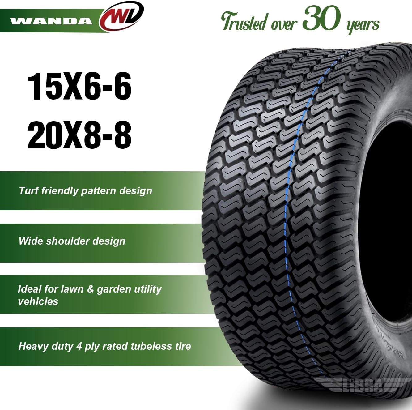 WANDA (Set 4) 15X6-6 & 20X8-8 Lawn Mower Tractor Cart Turf Tires 4 Ply-13016/13035